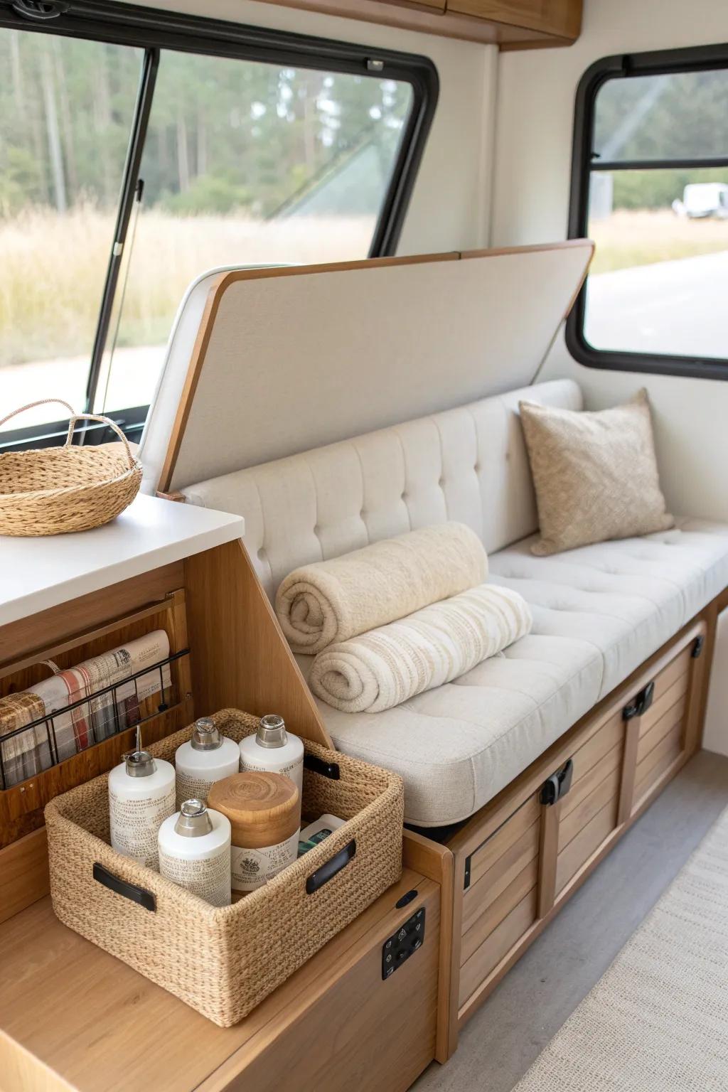 A cozy RV banquette with hidden storage—lift-up seating that stashes linens and pantry extras.