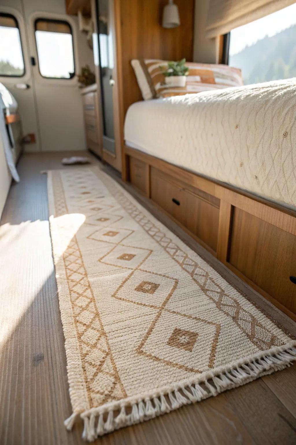 A slim, washable rug runner adds warmth and style to tight RV master bedroom walkways.