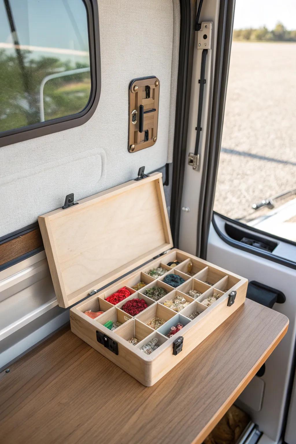 Mount a lidded small-parts station by the RV door for quick, stress-free fixes on the go.