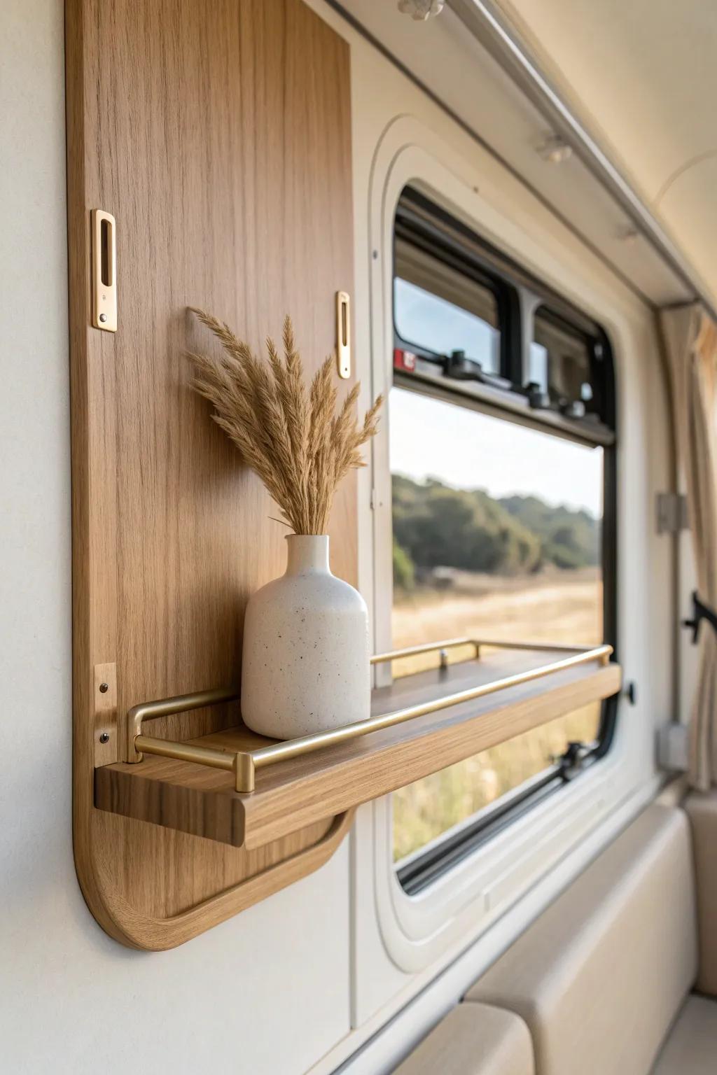 Open RV shelving made travel-safe: a slim rail keeps décor secure and beautifully minimal.