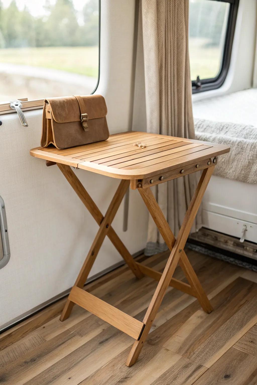 A slim fold-flat RV table that stows away neatly—extra surface when you need it, zero clutter.