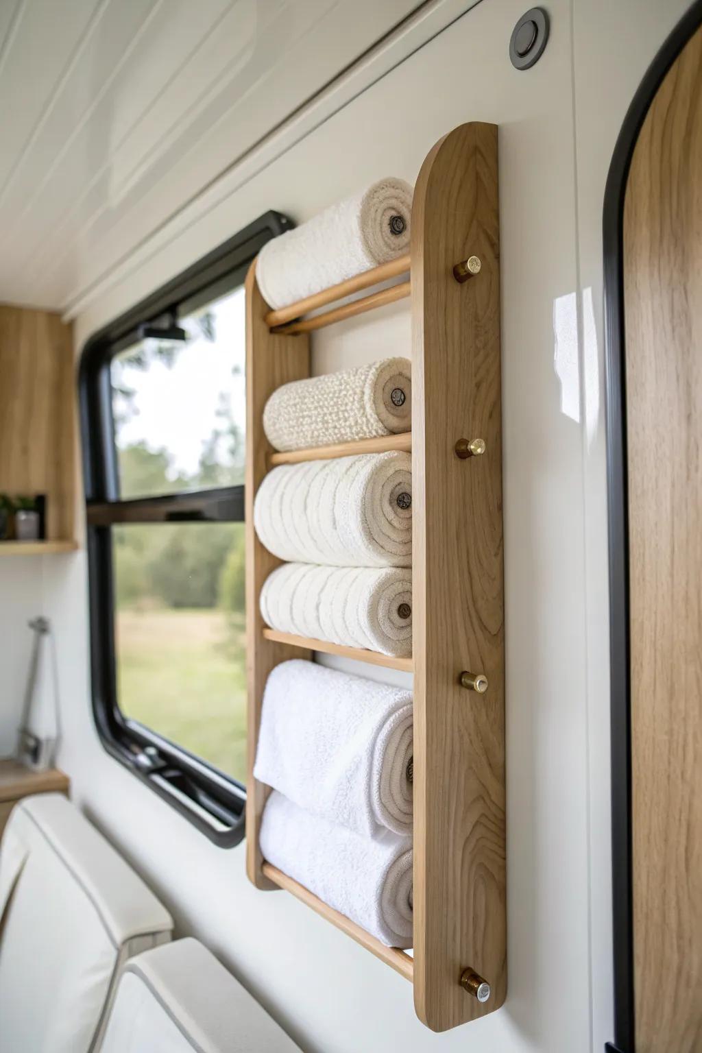 Slim vertical towel rack turns a tiny RV wall gap into a spa-like rolled-towel nook.