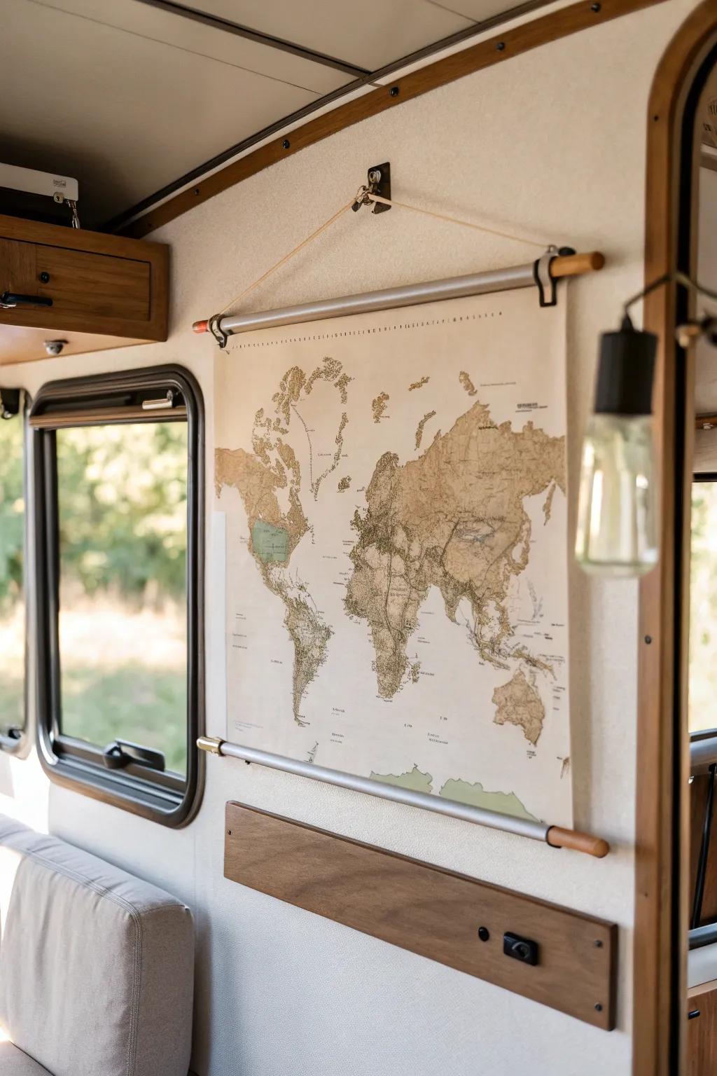 A chic RV map wall with pin markers—minimal, lightweight, and perfect for tracking adventures.