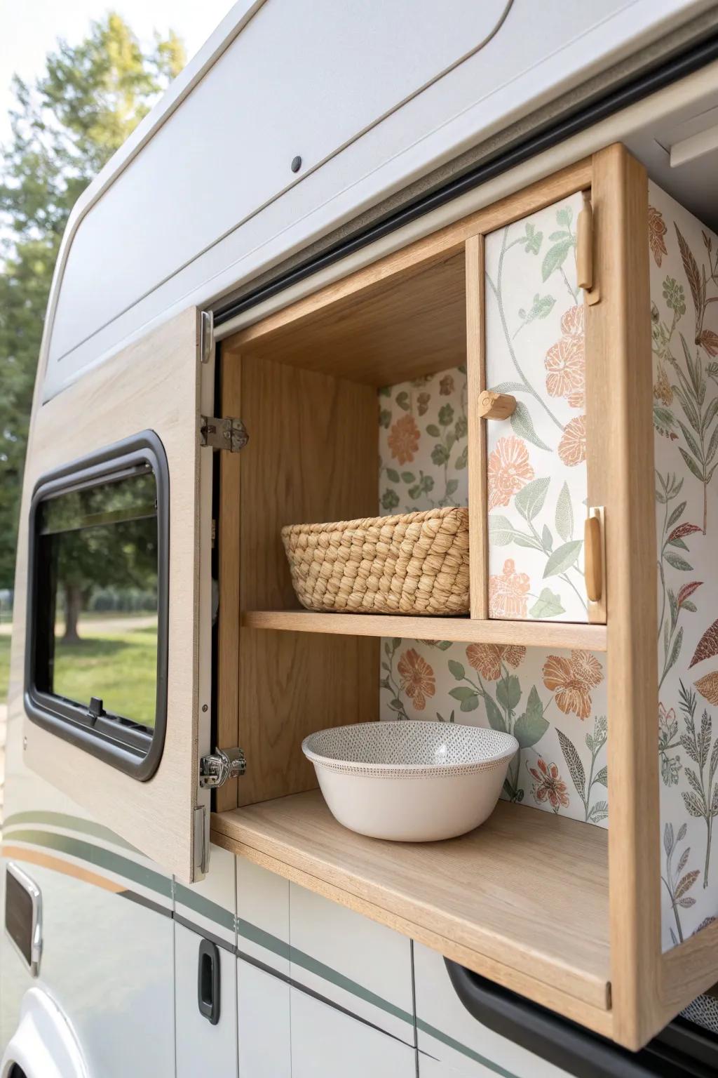 Line cabinet backs with peel-and-stick wallpaper for instant RV charm—no wall coverage needed.