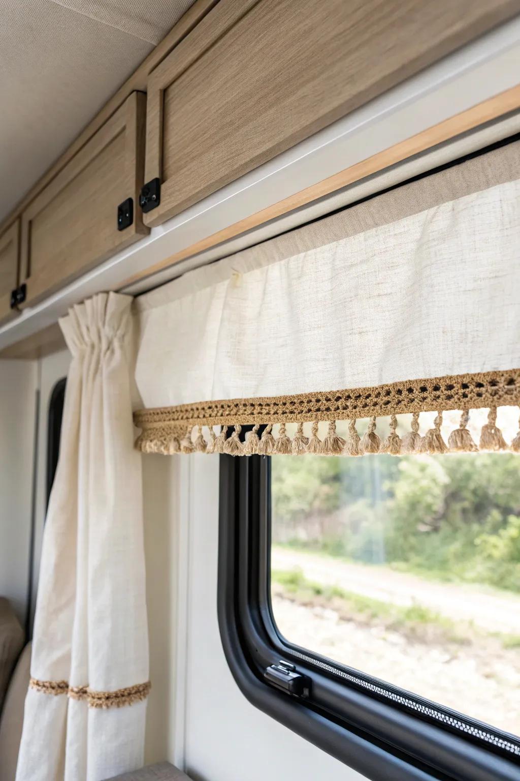 A crisp linen valance hides RV window hardware for a custom, clutter-free Scandinavian look.