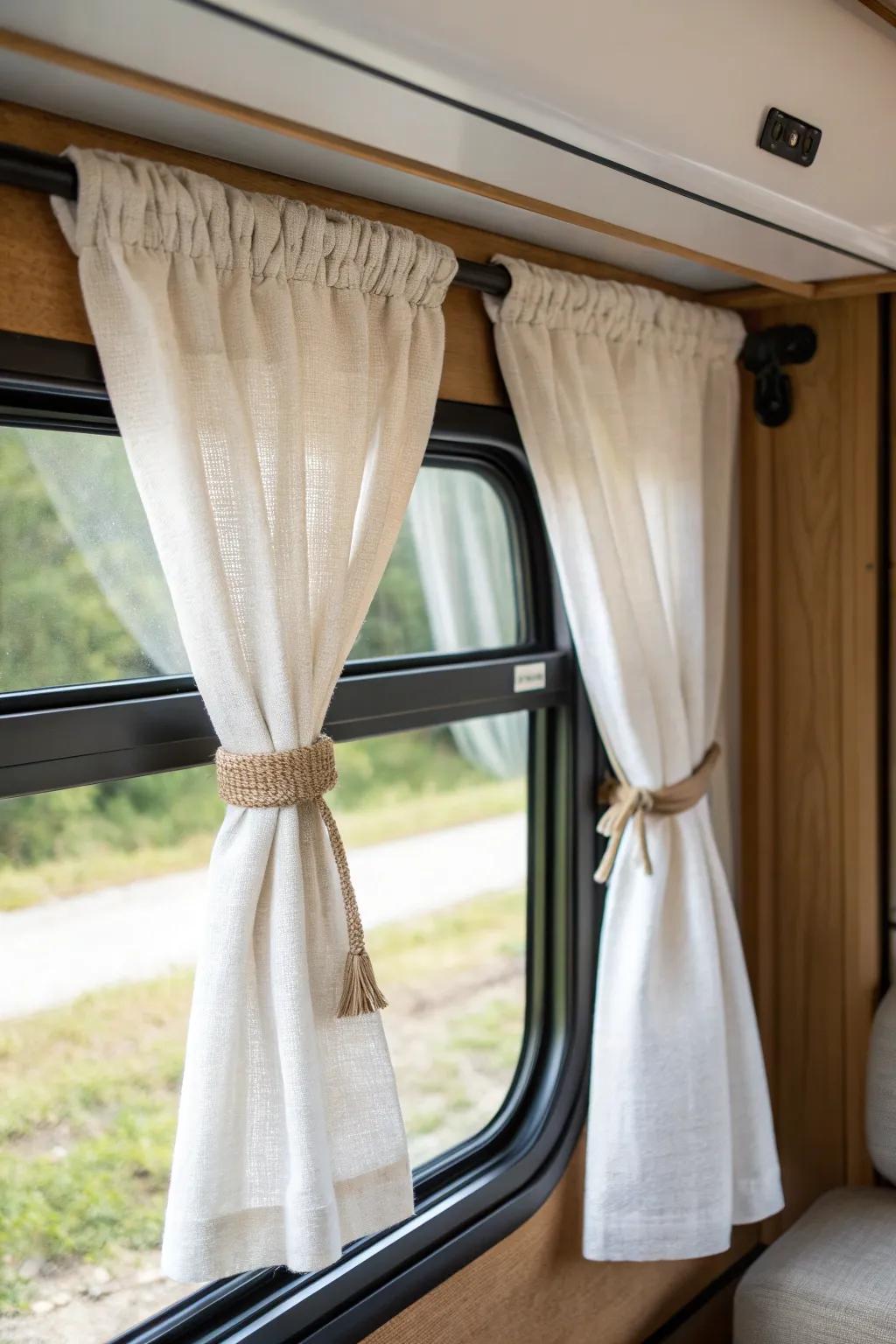 Simple tiebacks + a crisp valance instantly frame the view and make RV windows feel taller.