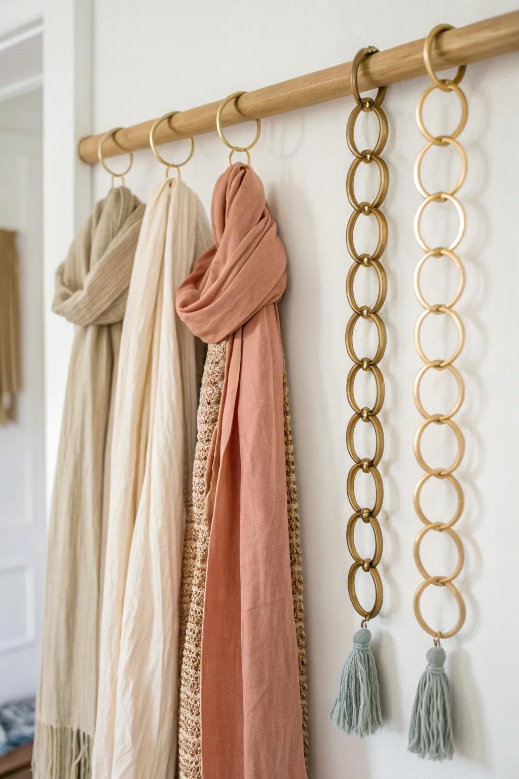Linked brass rings create a slim vertical scarf strip—tiny closet storage with easy visibility.