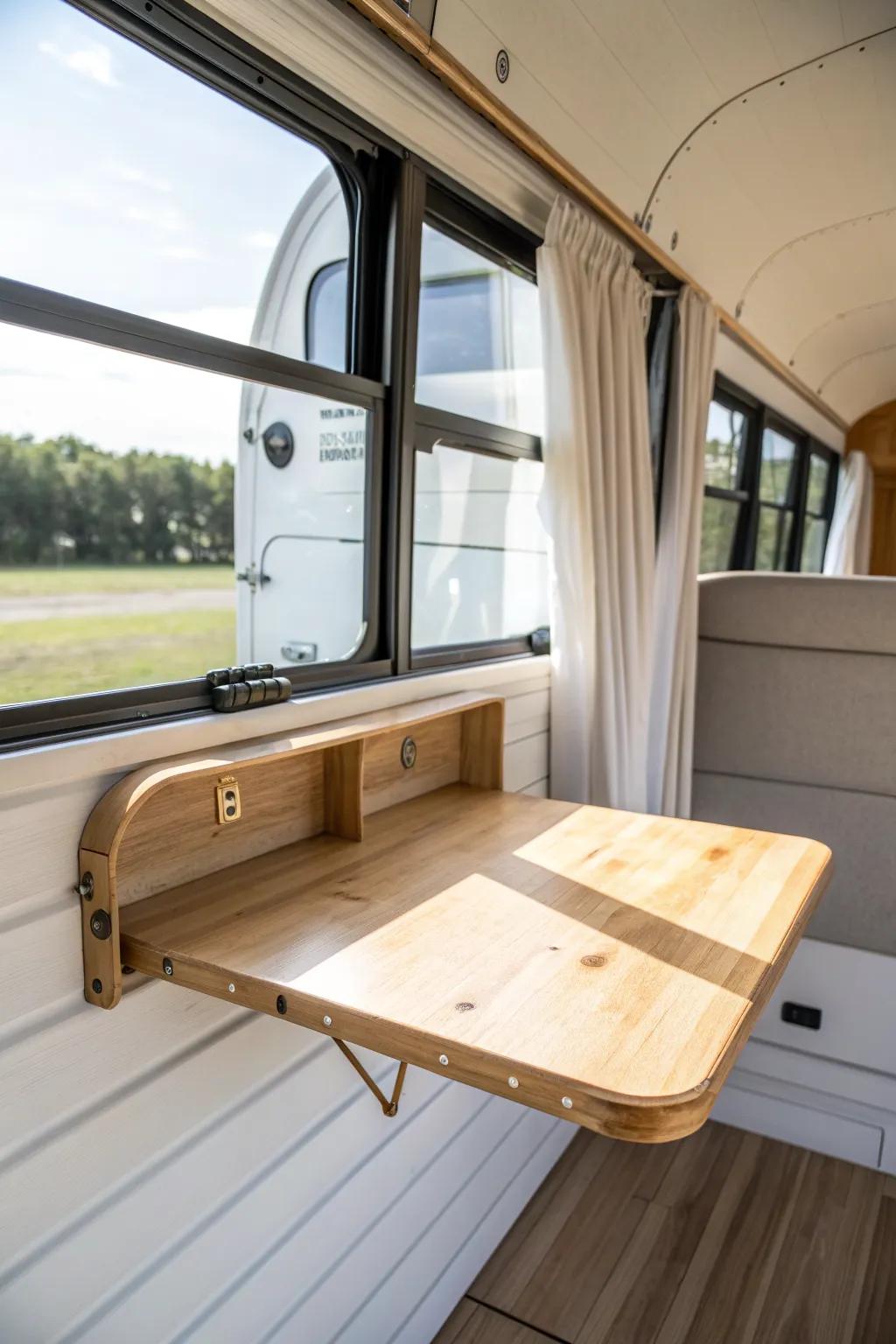 A laptop-depth wall desk turns a bus window into a bright, space-saving micro office.
