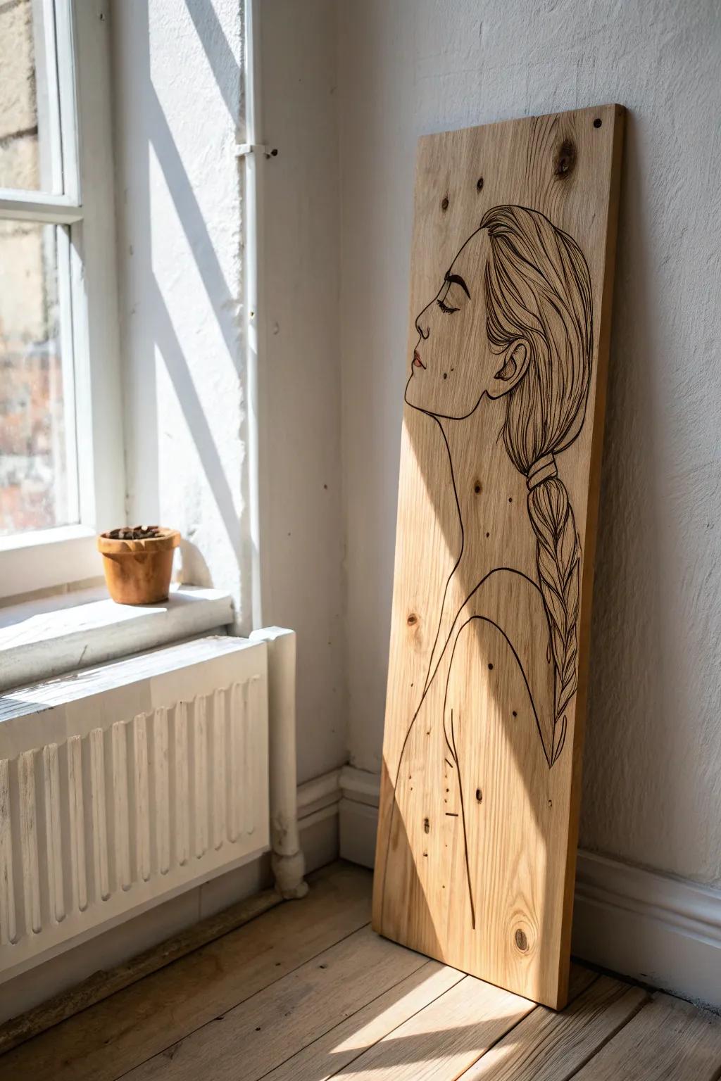 Minimal line art burned into scrap wood—an easy DIY that looks like gallery wall decor.