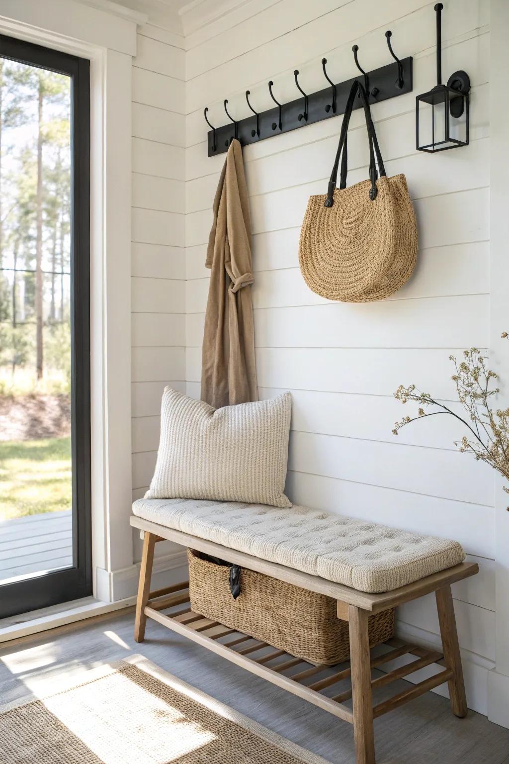 Turn your screened-in porch entry into a tidy mini mudroom with hooks and a bench.