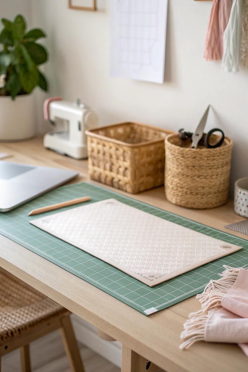 Keep a cutting mat under your desk for instant setup—small-space sewing made effortless.
