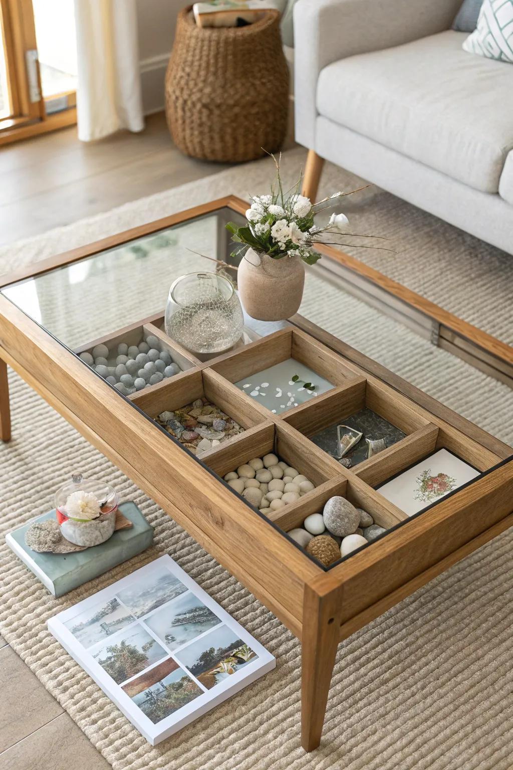 A shadow box coffee table turns kids’ tiny finds into a tidy, beautiful mini museum.