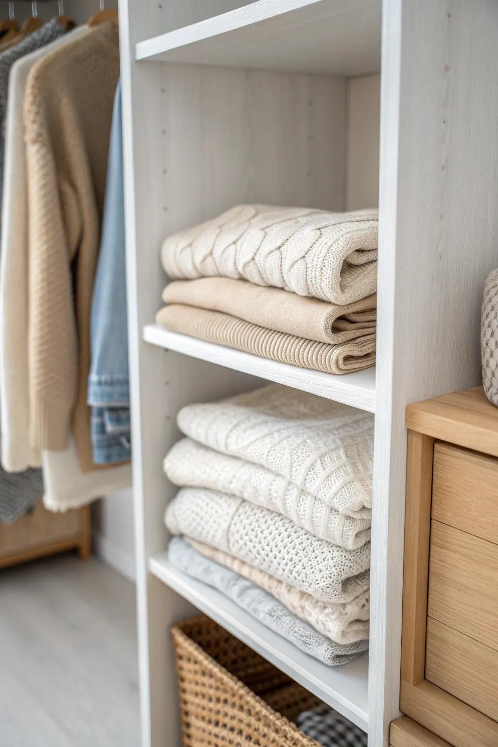 Slim shelf dividers keep shallow-closet stacks upright—neat, calm, and easy to grab.