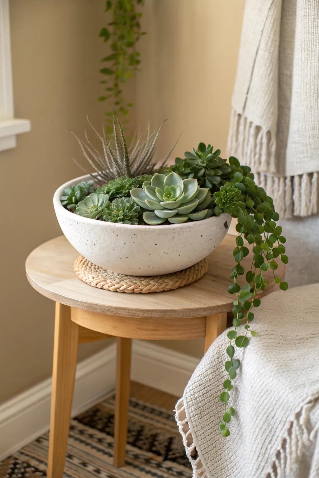 Tuck the center lush, then let one trailing plant spill—instant upscale shallow planter look.