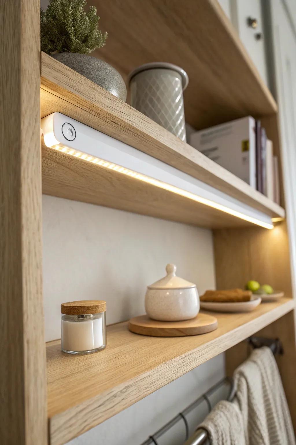 A warm motion-sensor light bar makes shallow pantry shelves feel bright, tidy, and usable.