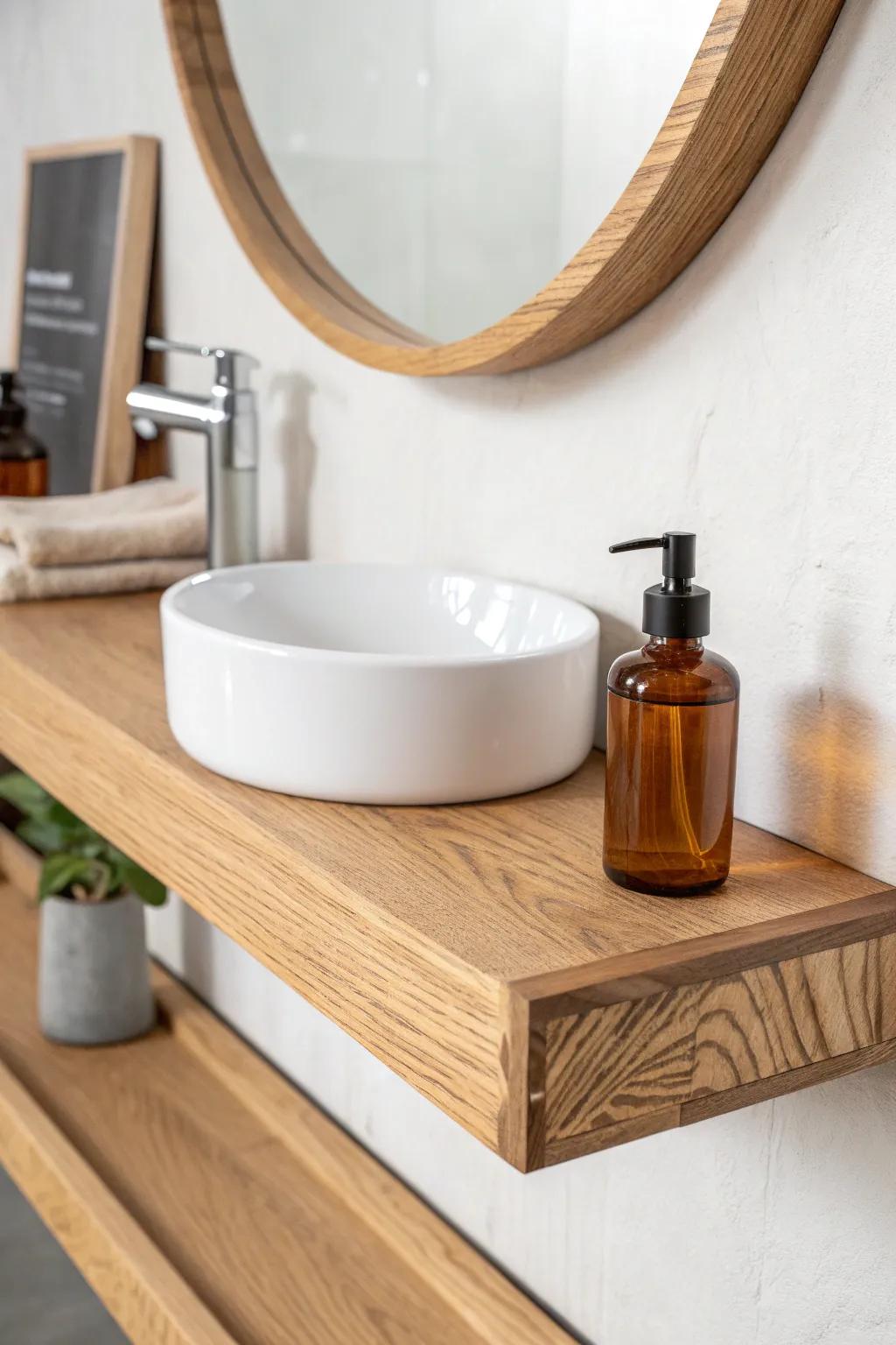 Tiny shared bath? Add a slim under-mirror ledge for beautiful, clutter-free bonus counter space.