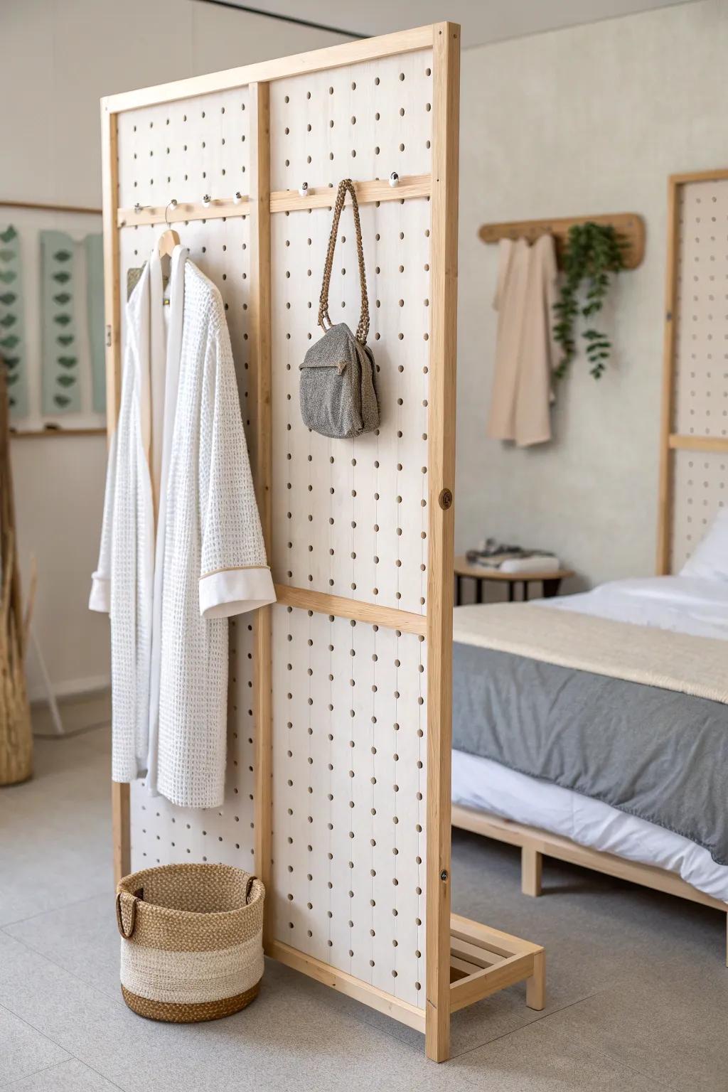 A pegboard partition divider that adds privacy and hooks for robes, bags, and headphones.