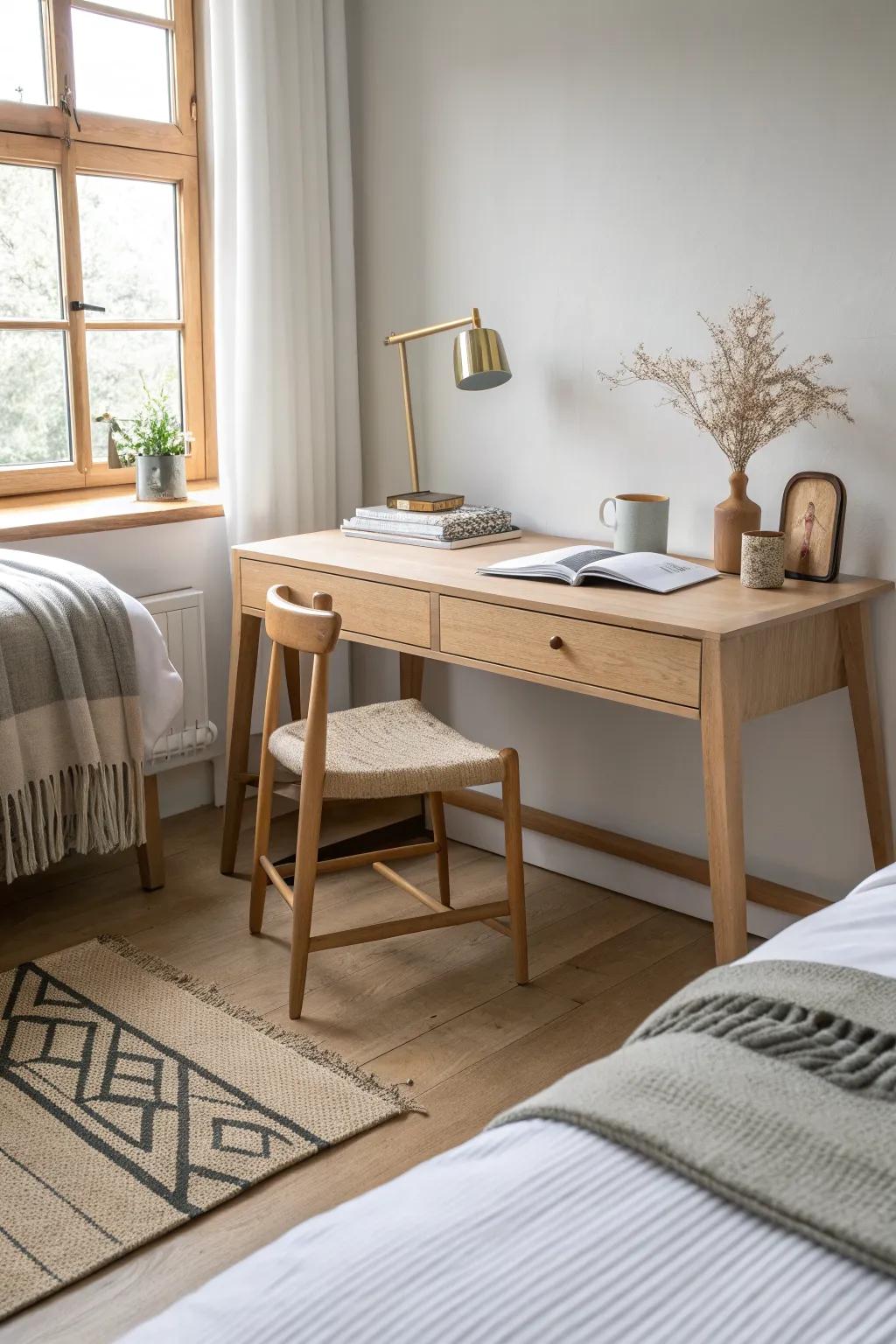 A slim desk between beds creates a calm buffer—privacy for studying and scrolling in small rooms.