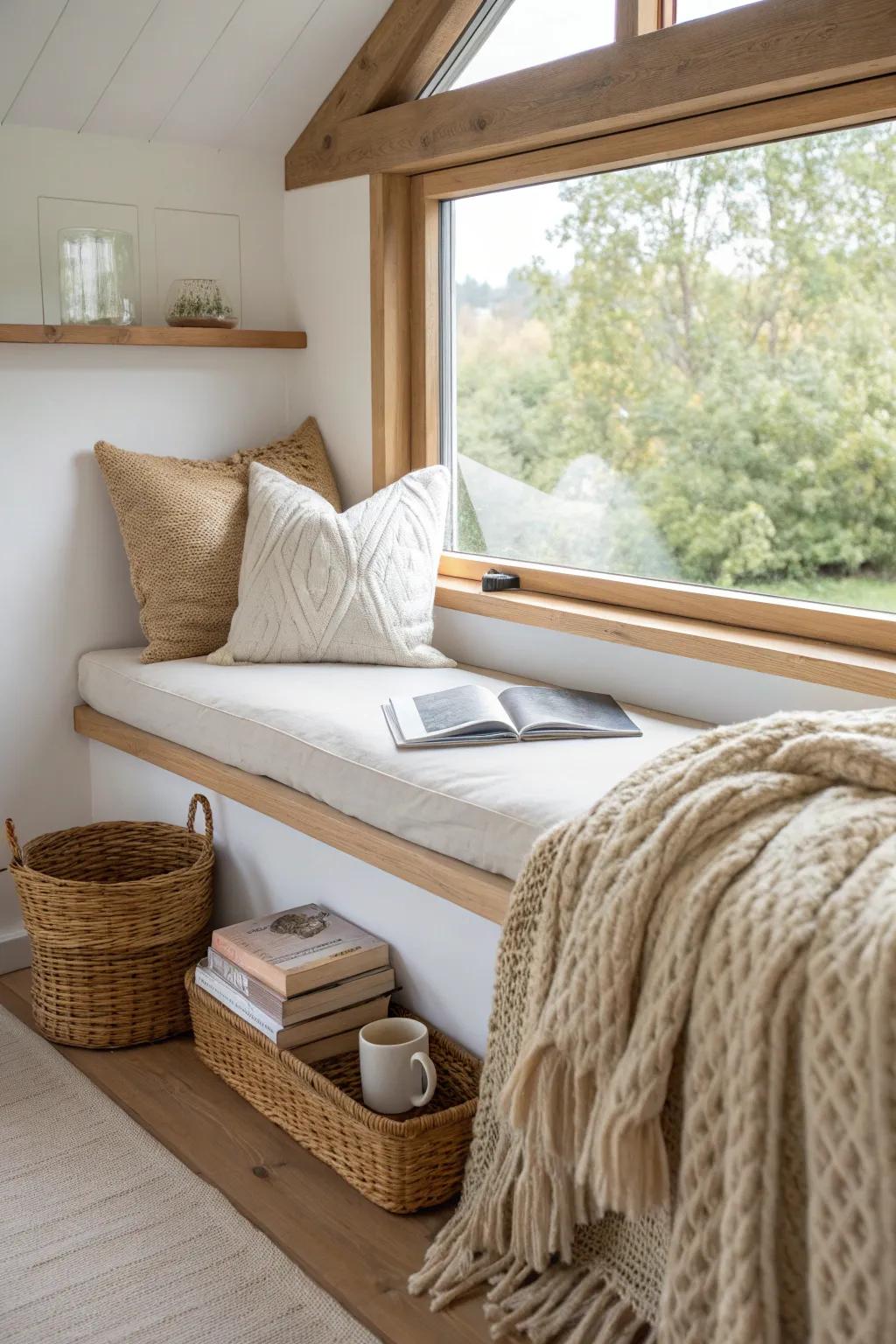 A cozy window reading nook that makes a tiny shed bedroom feel like a calm retreat.