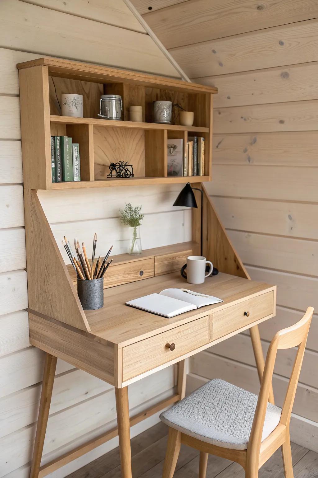 A floating desk work nook that saves floor space—clean lines, warm wood, and calm cabin vibes.