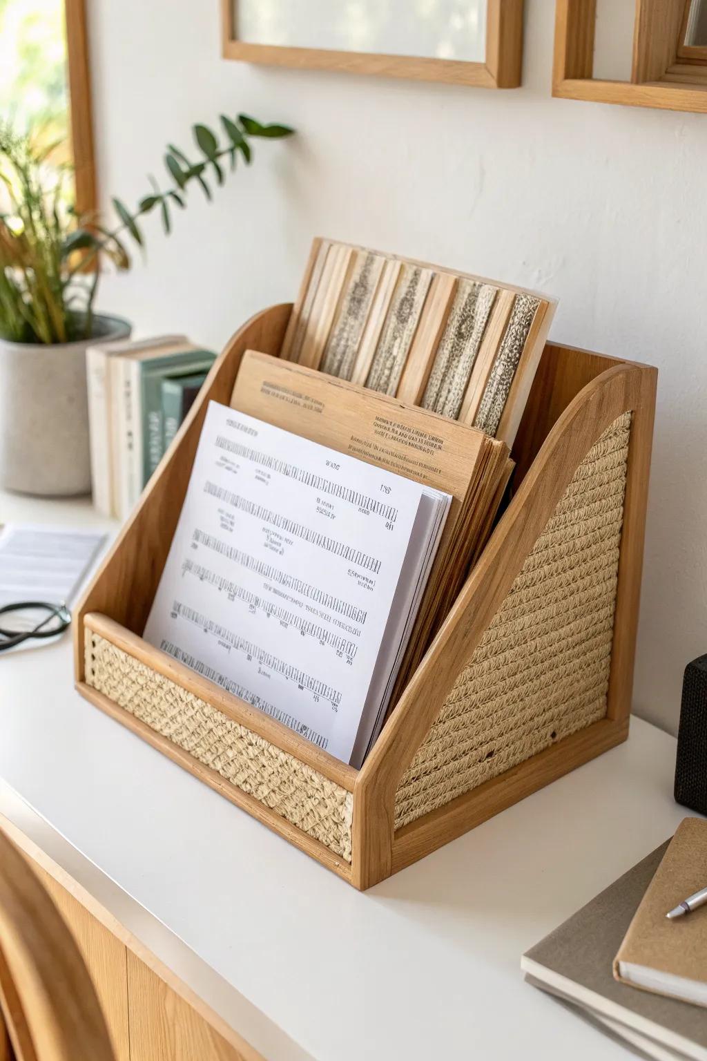 A simple desktop sorter keeps this week’s sheet music tidy and off every surface.