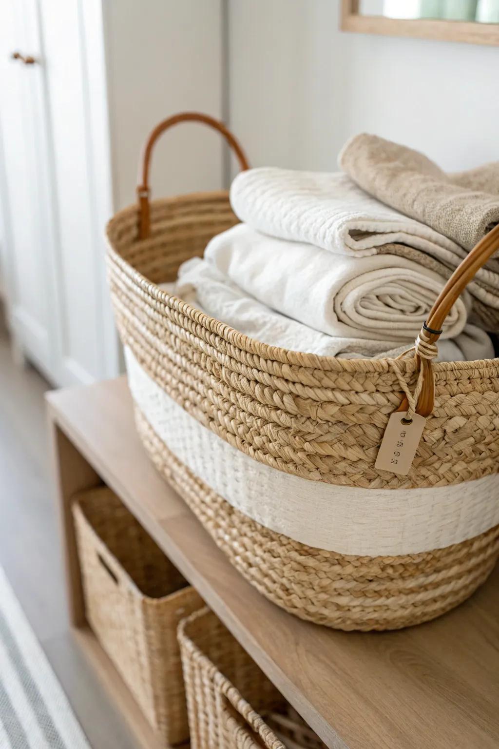 One basket per bed: folded sheets ready to grab—pretty, practical storage for tiny closets.