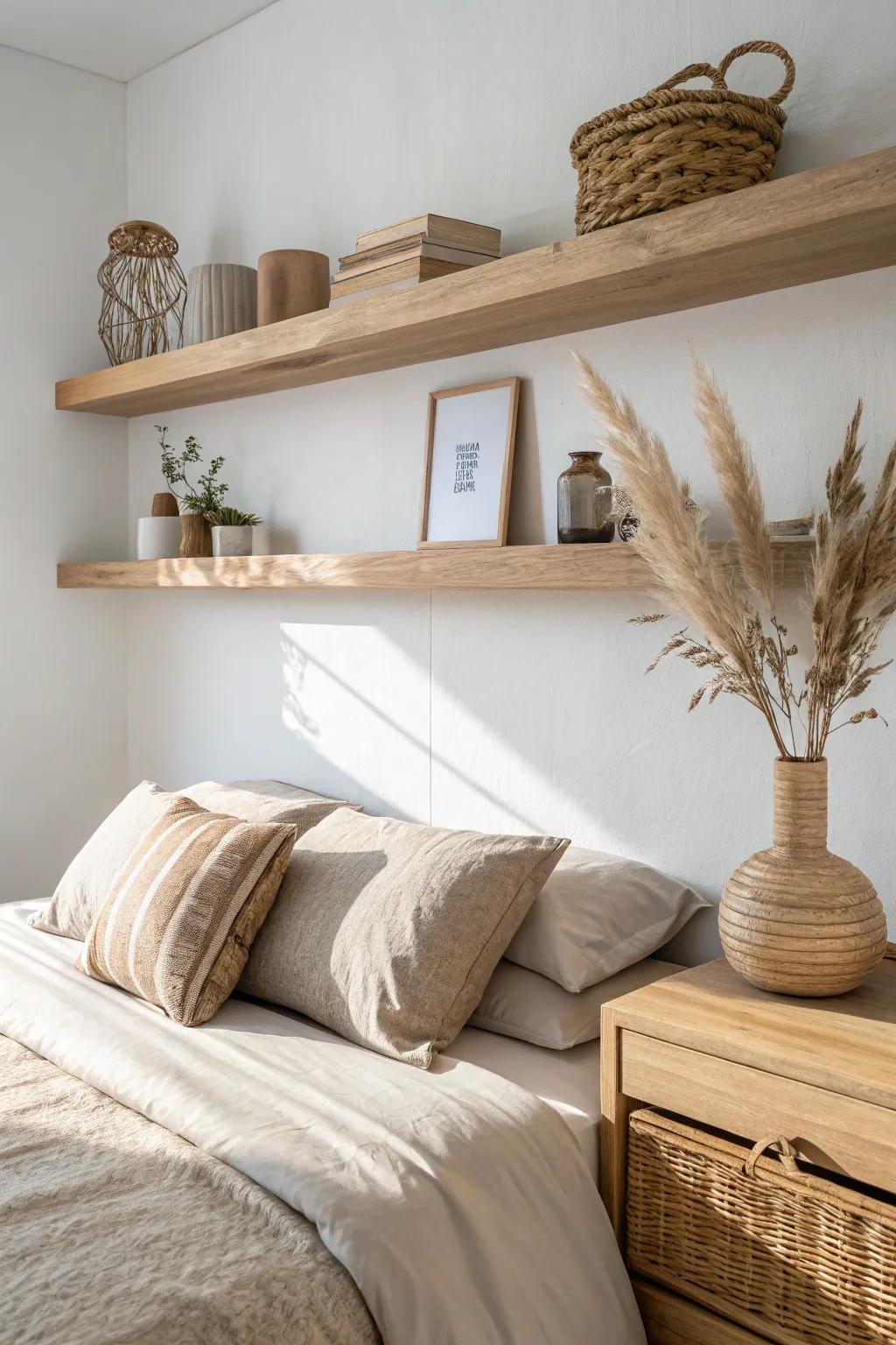 A floating shelf bridge over the bed nook adds custom storage without crowding the room.