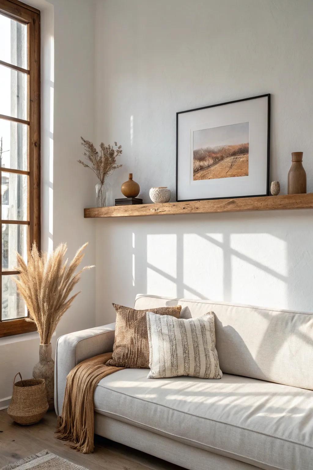 Over-the-sofa floating shelf: airy storage + an art ledge look for small living rooms.