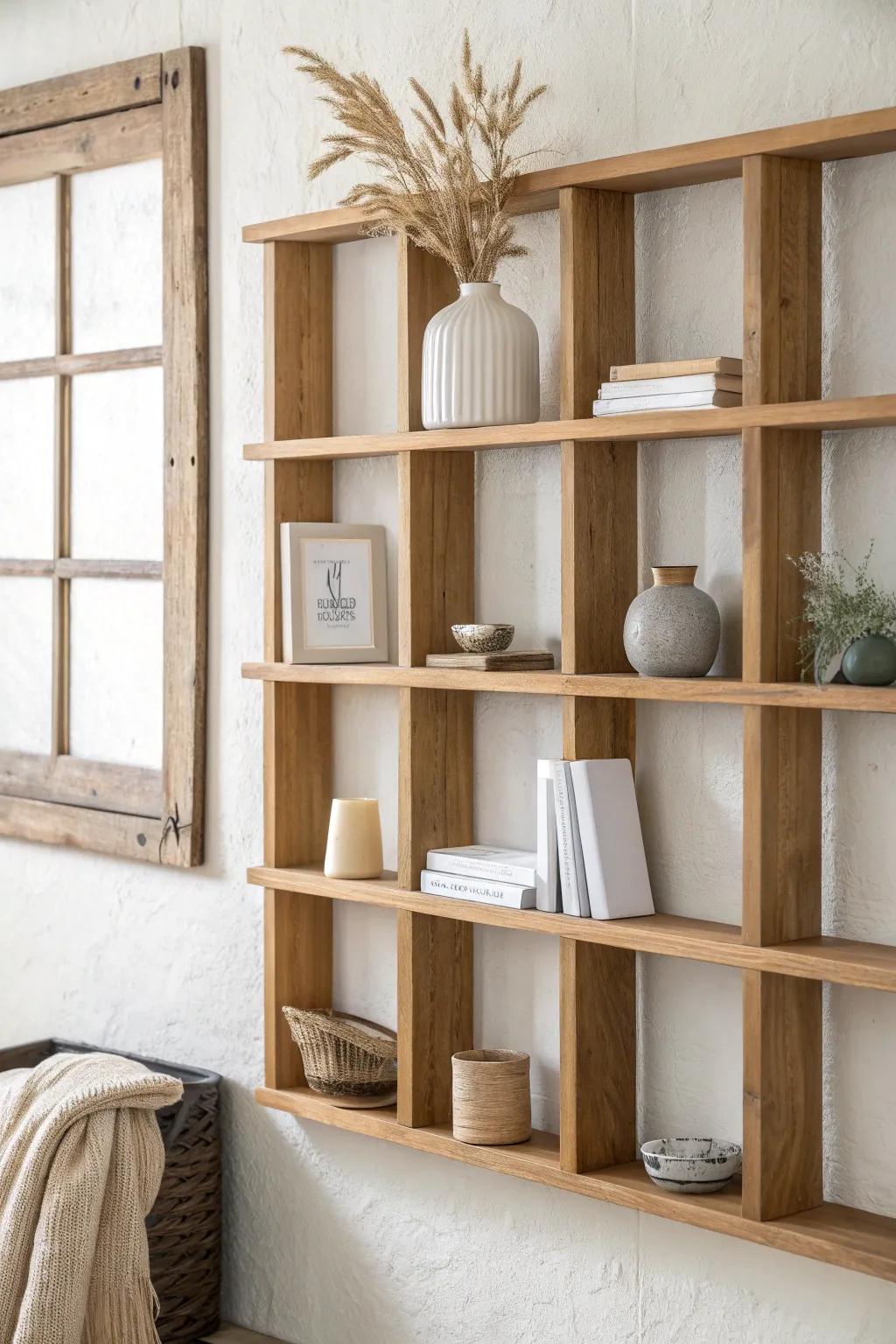 A staggered floating shelf grid that adds height, storage, and airy style to small walls.