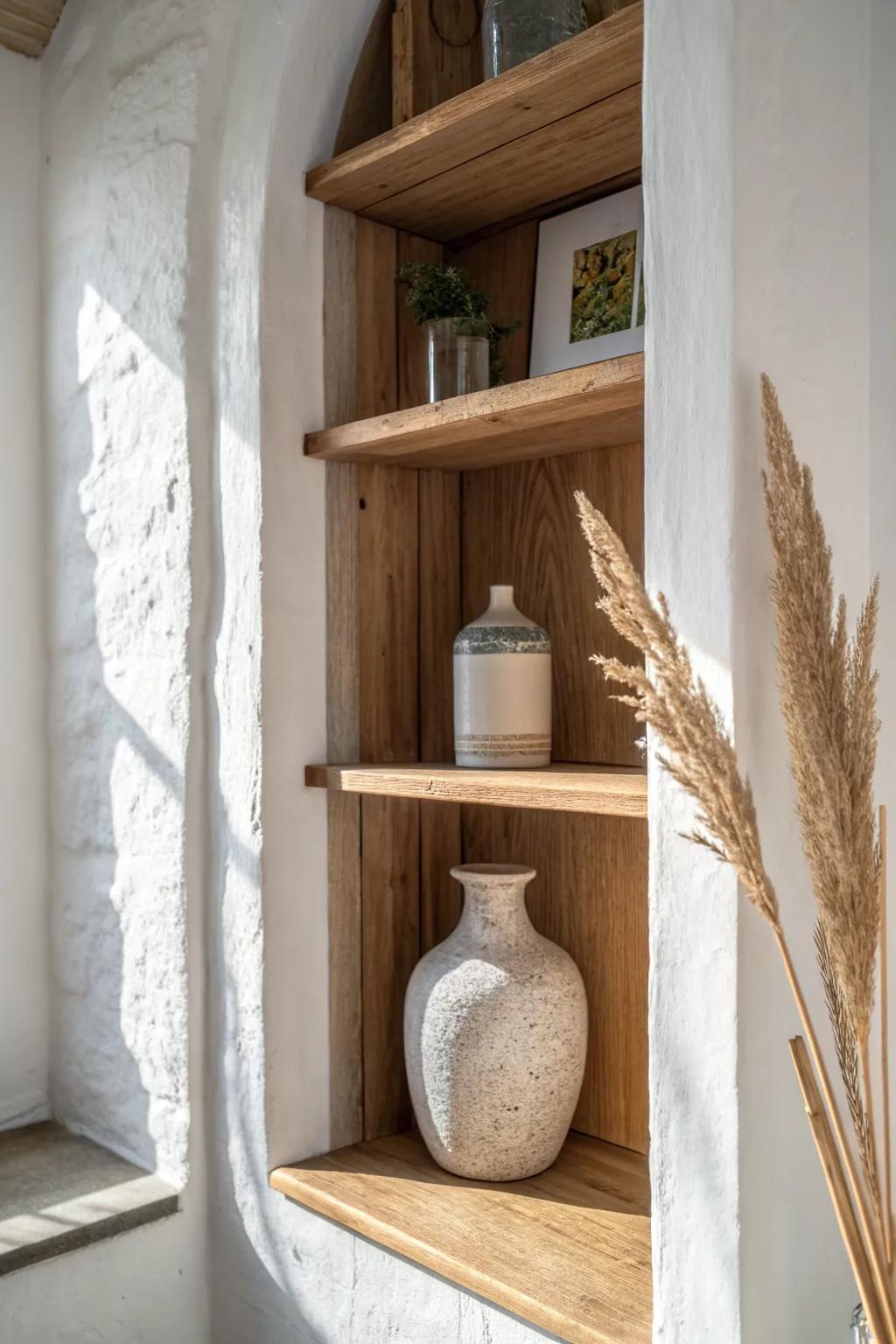Turn a tiny alcove into a custom-fit shelf moment—simple, serene, and space-smart.