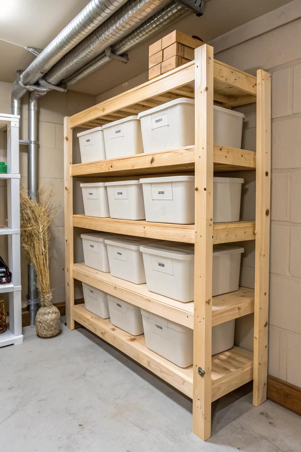 Workhorse DIY 2x4 shelving that reaches high and keeps heavy totes tidy and wobble-free.