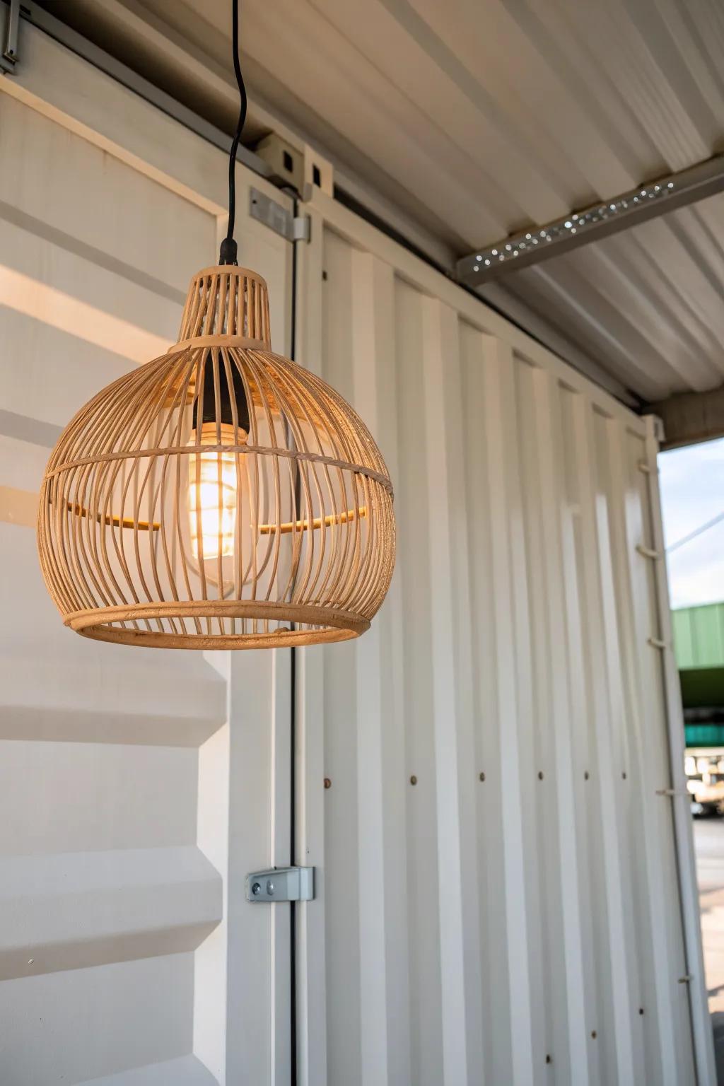 Reflective white panels bounce warm pendant light to brighten a shipping container interior.