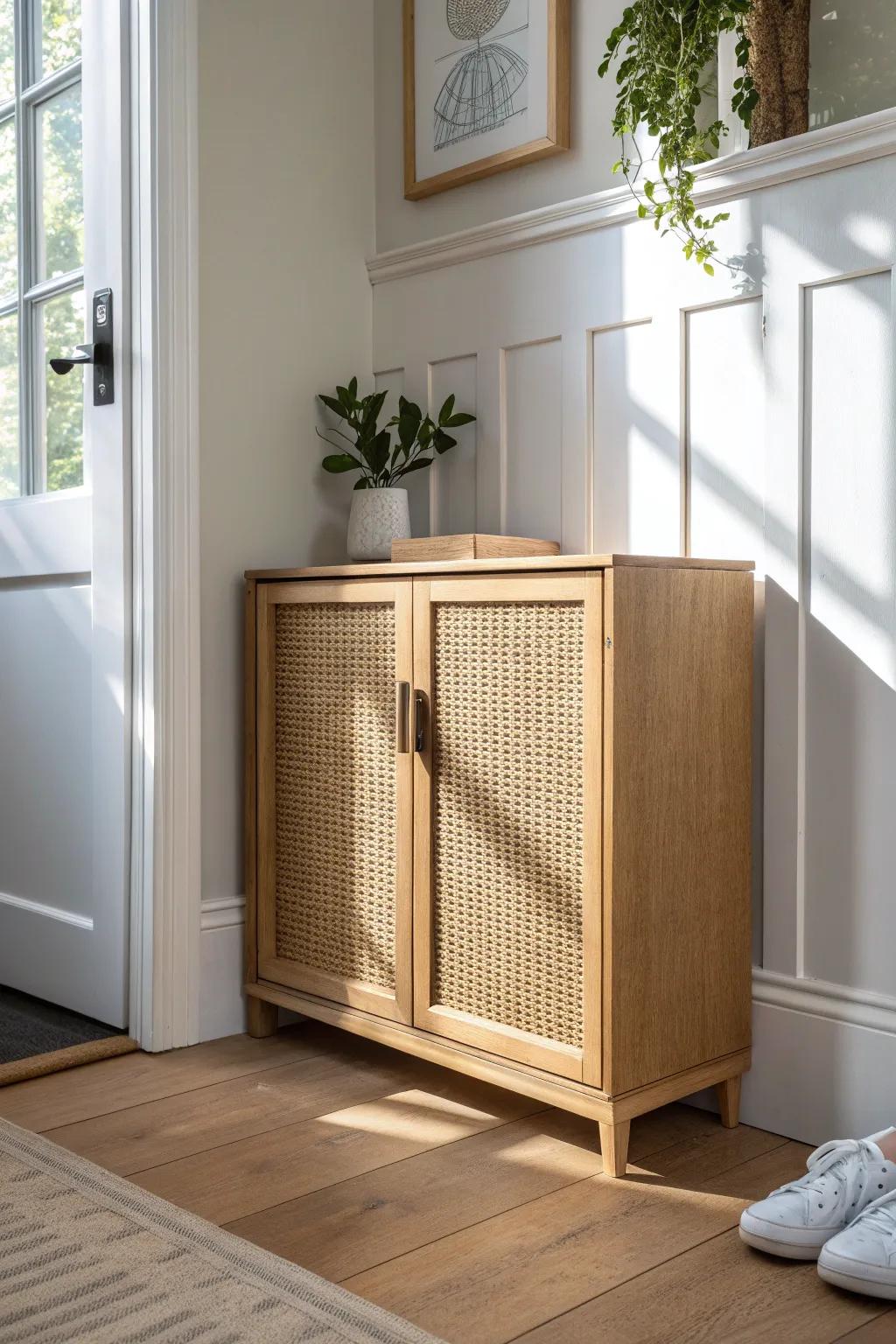 Floating shoe cabinet = more visible floor, a cleaner entryway, and a bigger-space feel.