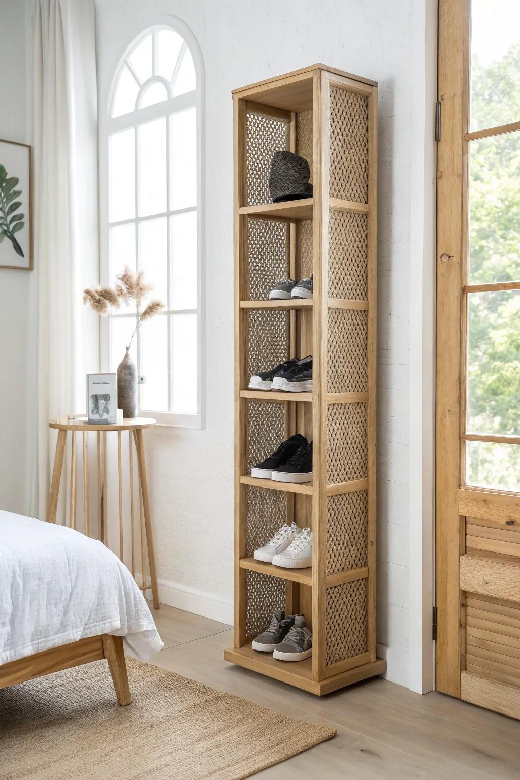 Turn that awkward gap into storage: a tall, slim shoe tower that stacks pairs beautifully.