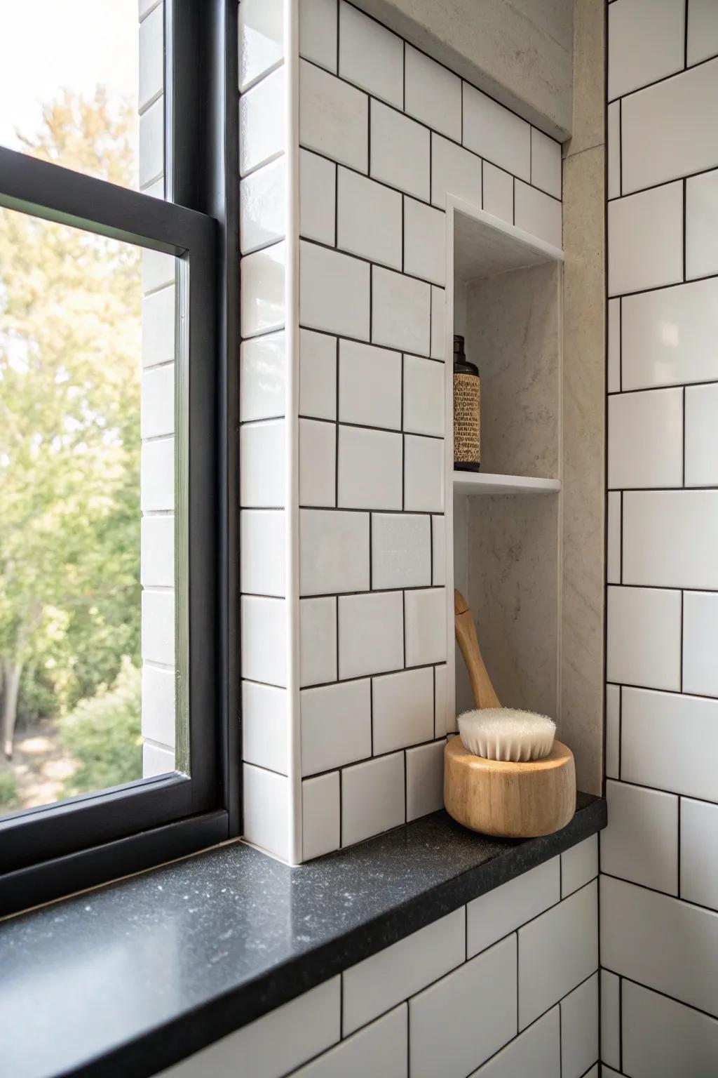 A dark grout outline frames the shower niche—clean, modern definition without extra trim.