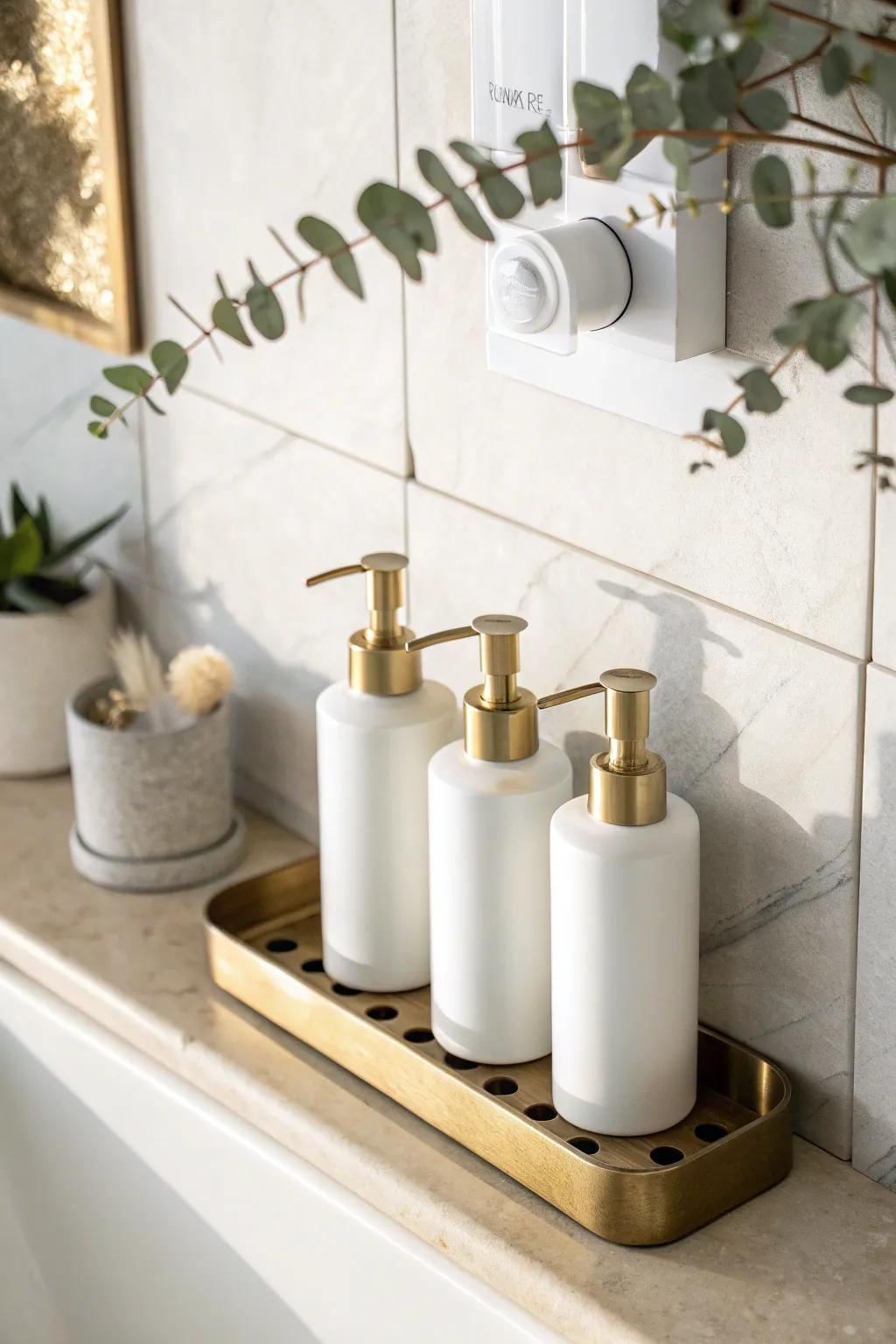 Wall-mounted pump dispensers give your shower a clean, hotel vibe—no clutter, just calm.