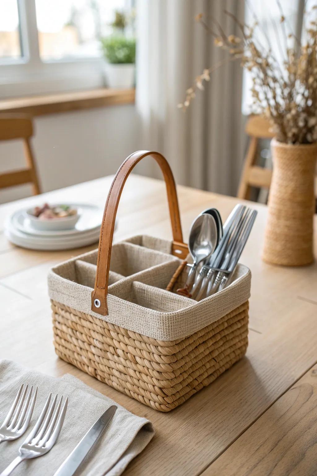 A handled basket keeps silverware tidy—and makes kitchen-to-table hosting effortless.