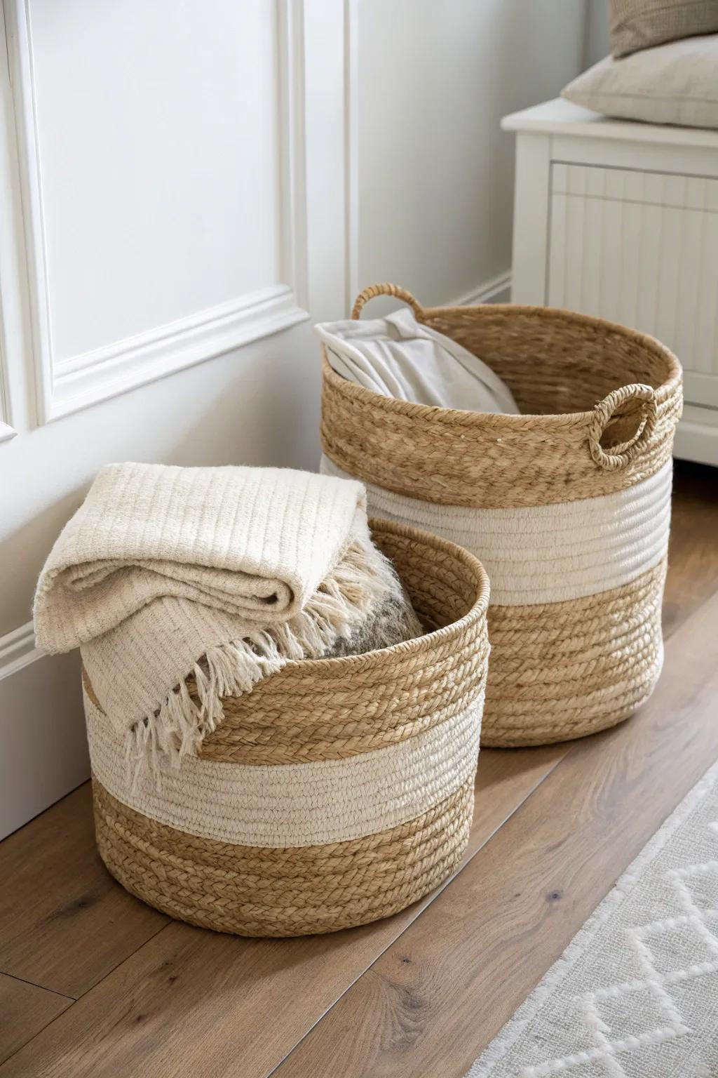 Hide blankets, games, and cables in matching woven baskets for a simple, calm living room.