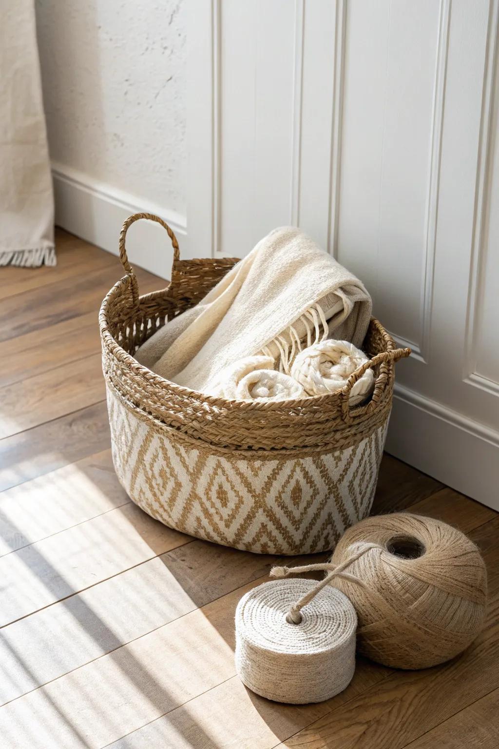 A woven basket hides blankets and cords—beautiful storage that instantly calms small spaces.