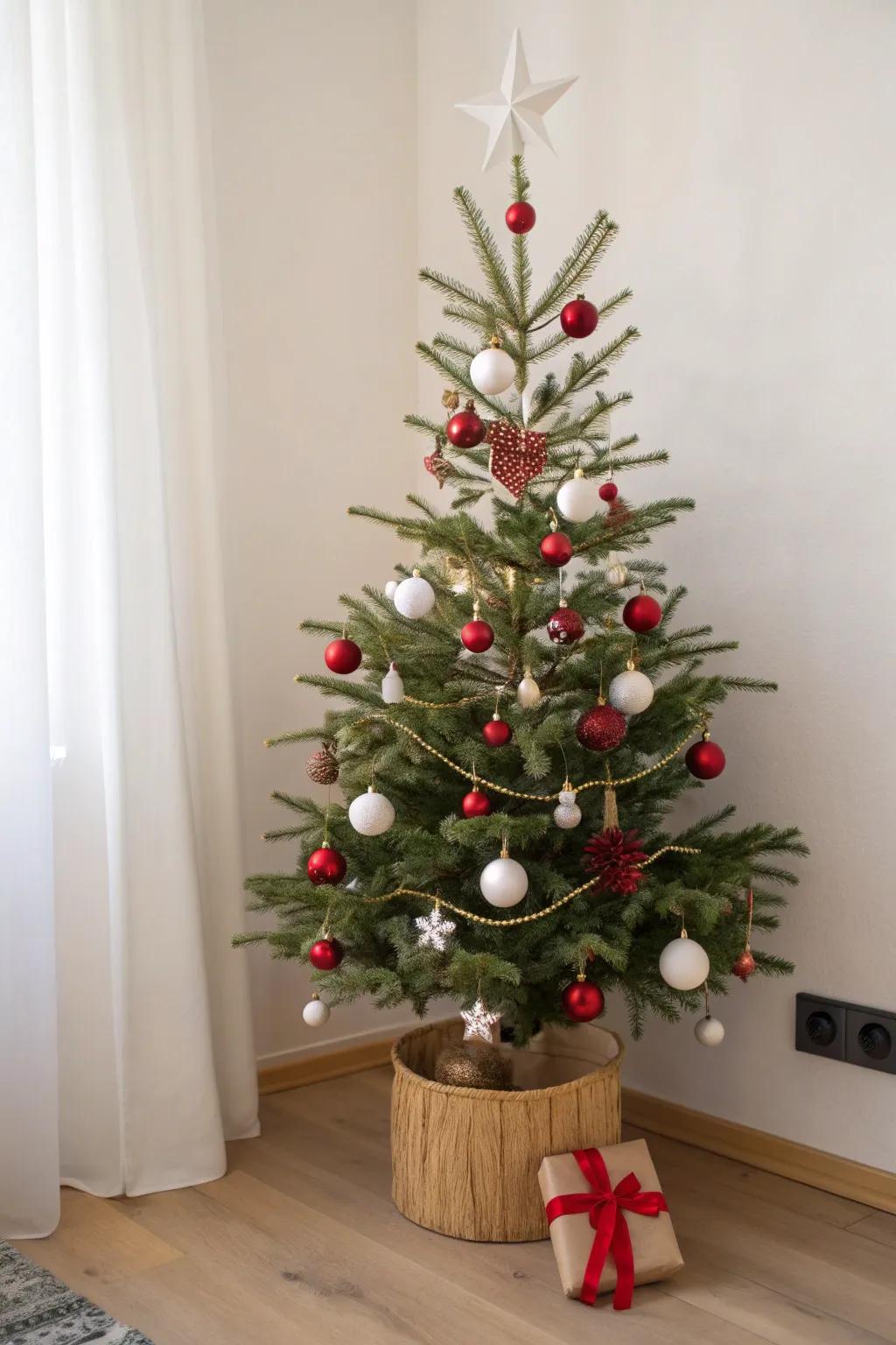 Classic red-and-white decor makes a slim tree feel cozy, crisp, and effortlessly festive.