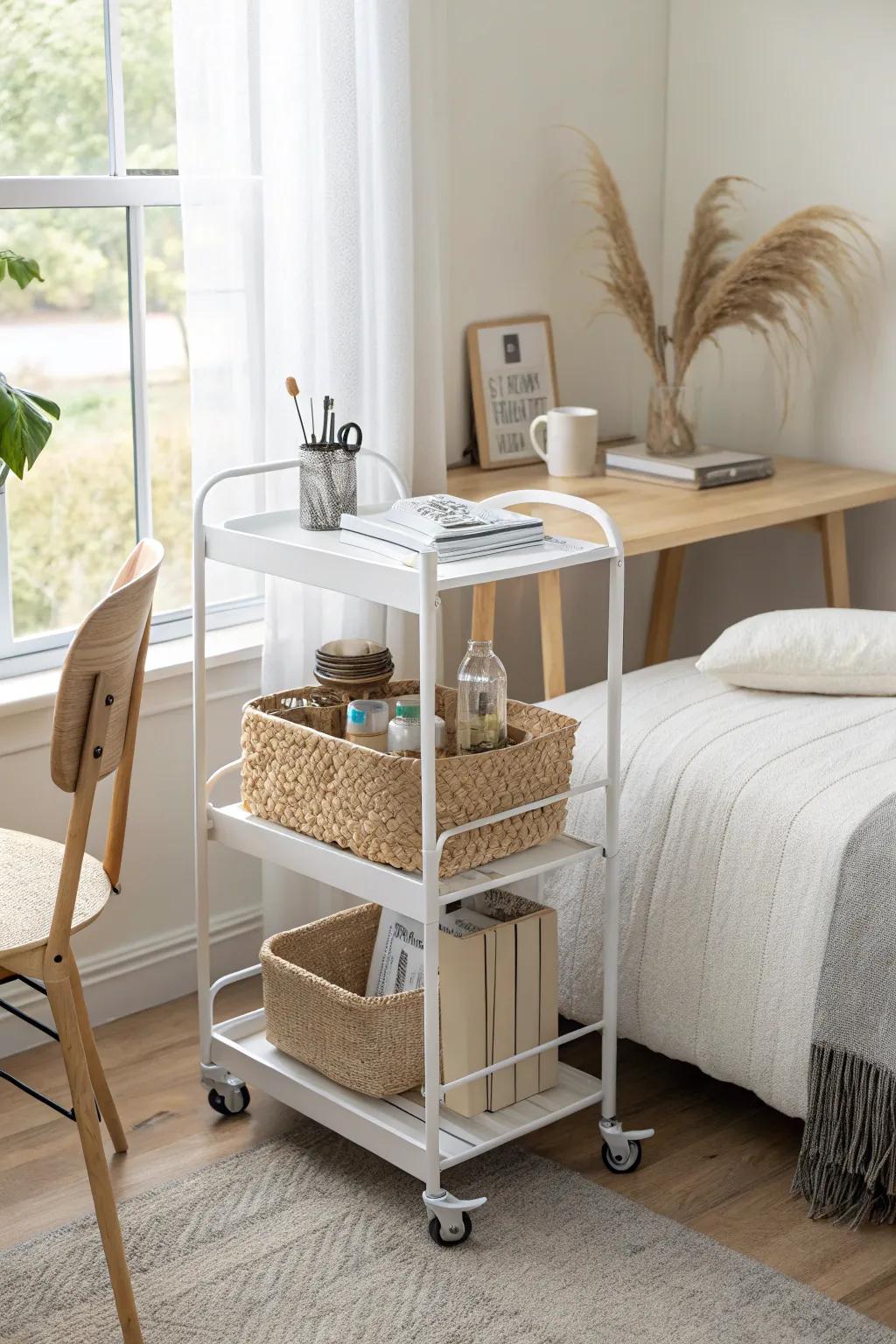 A rolling cart command center—mobile storage that makes any single dorm layout feel effortless.