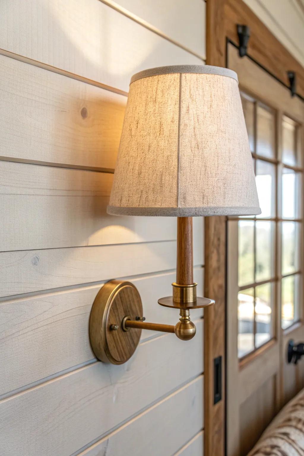 A wall sconce adds warm glow and clears precious floor space in a single-wide living room.
