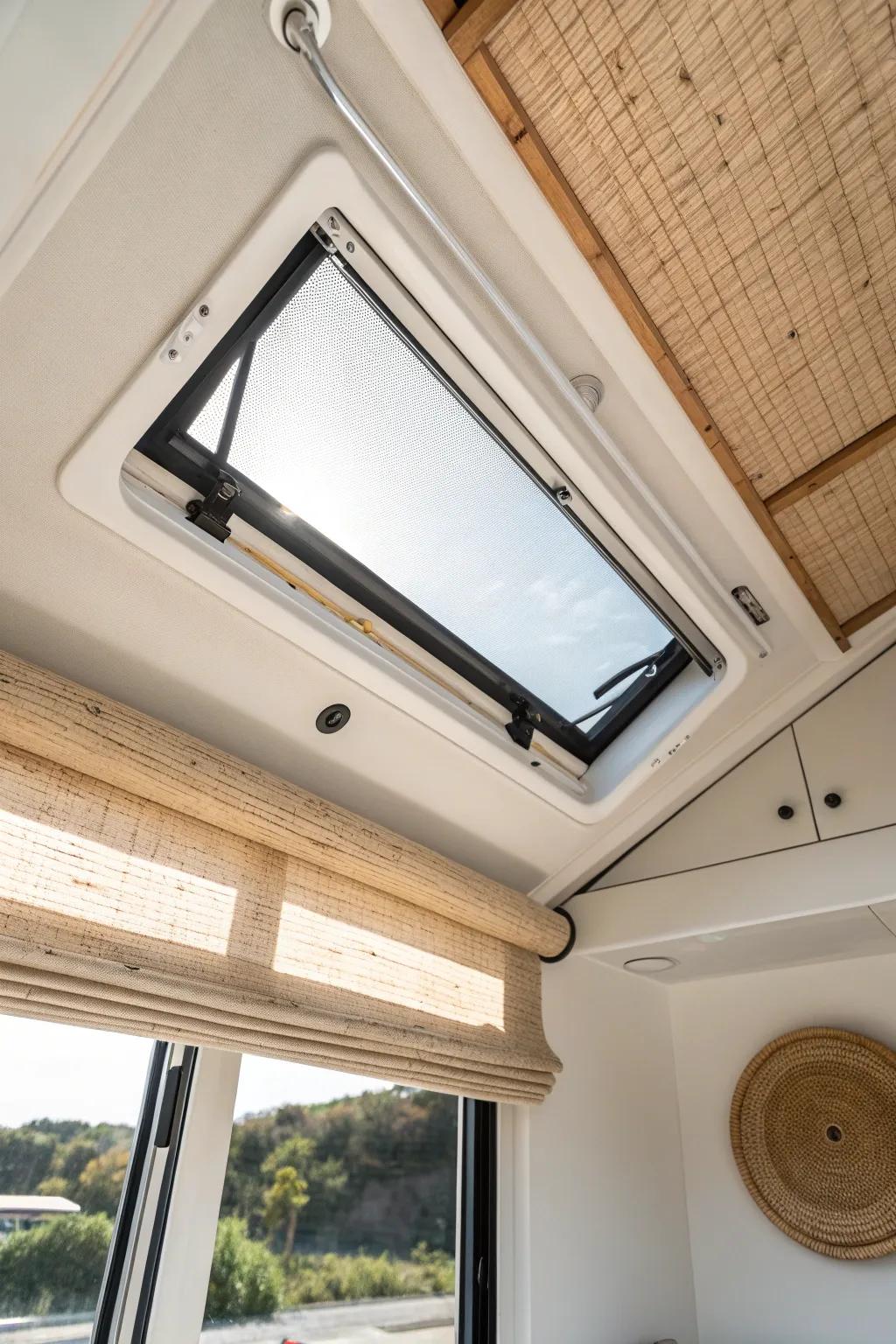 A roof-hatch skylight with a linen shade makes your skoolie feel bright—without the glare.