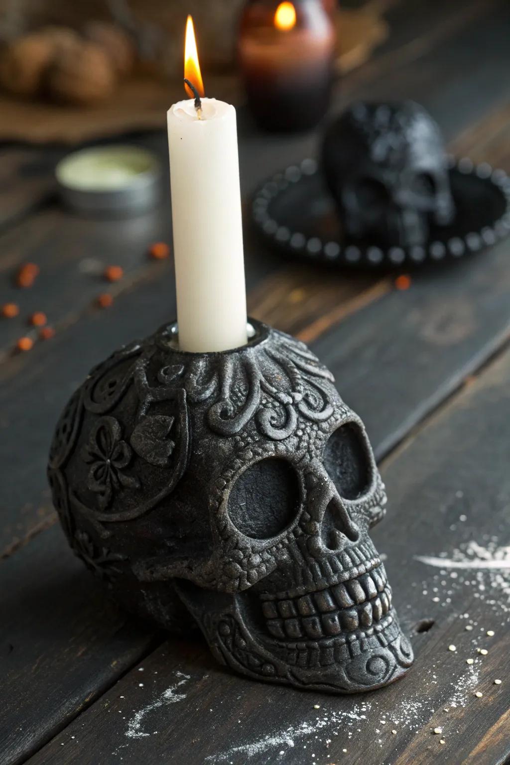Illuminate your space with the gothic elegance of handcrafted skull candle holders.