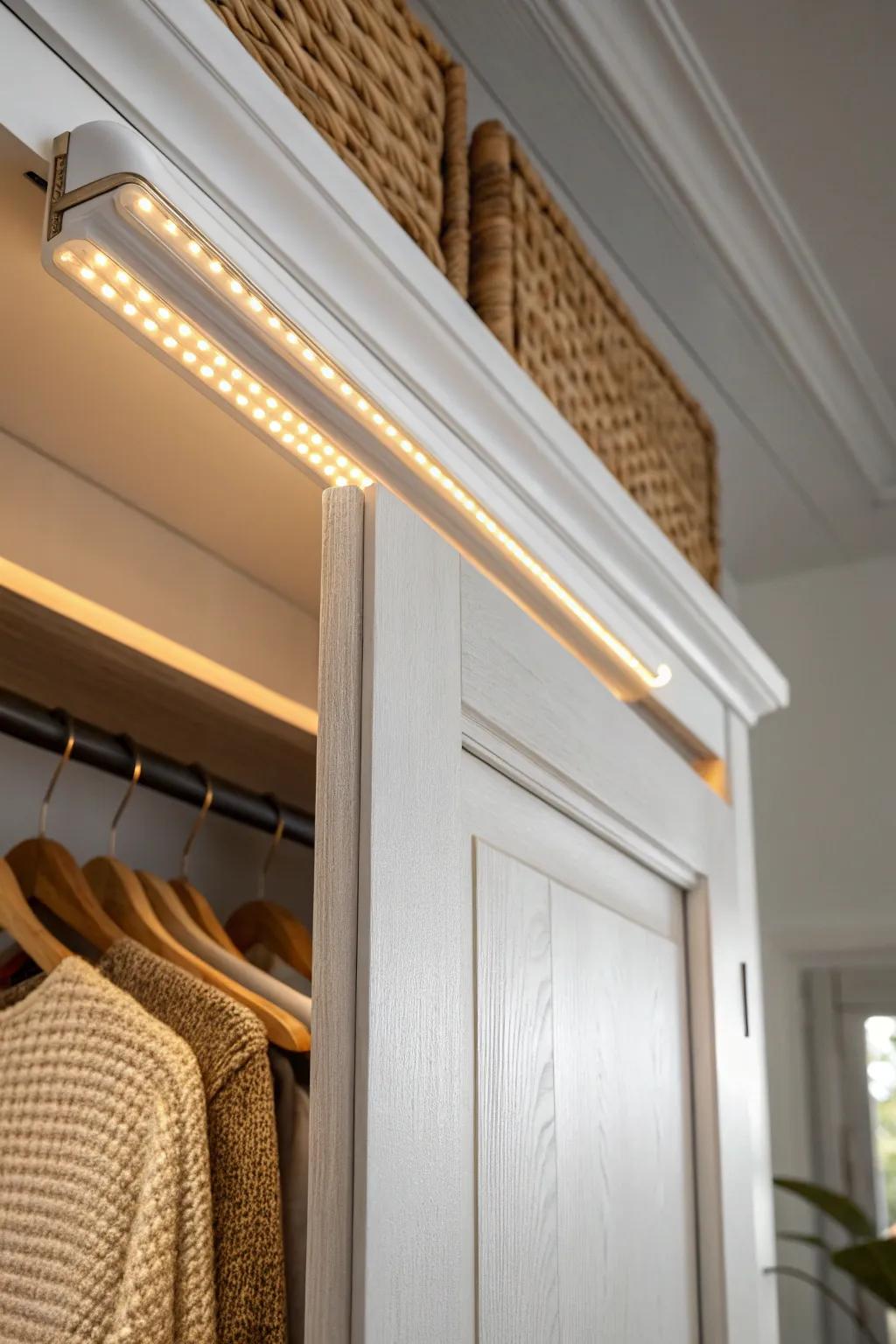 A slim motion-sensor light turns your sliding-door closet from dark to effortlessly tidy.