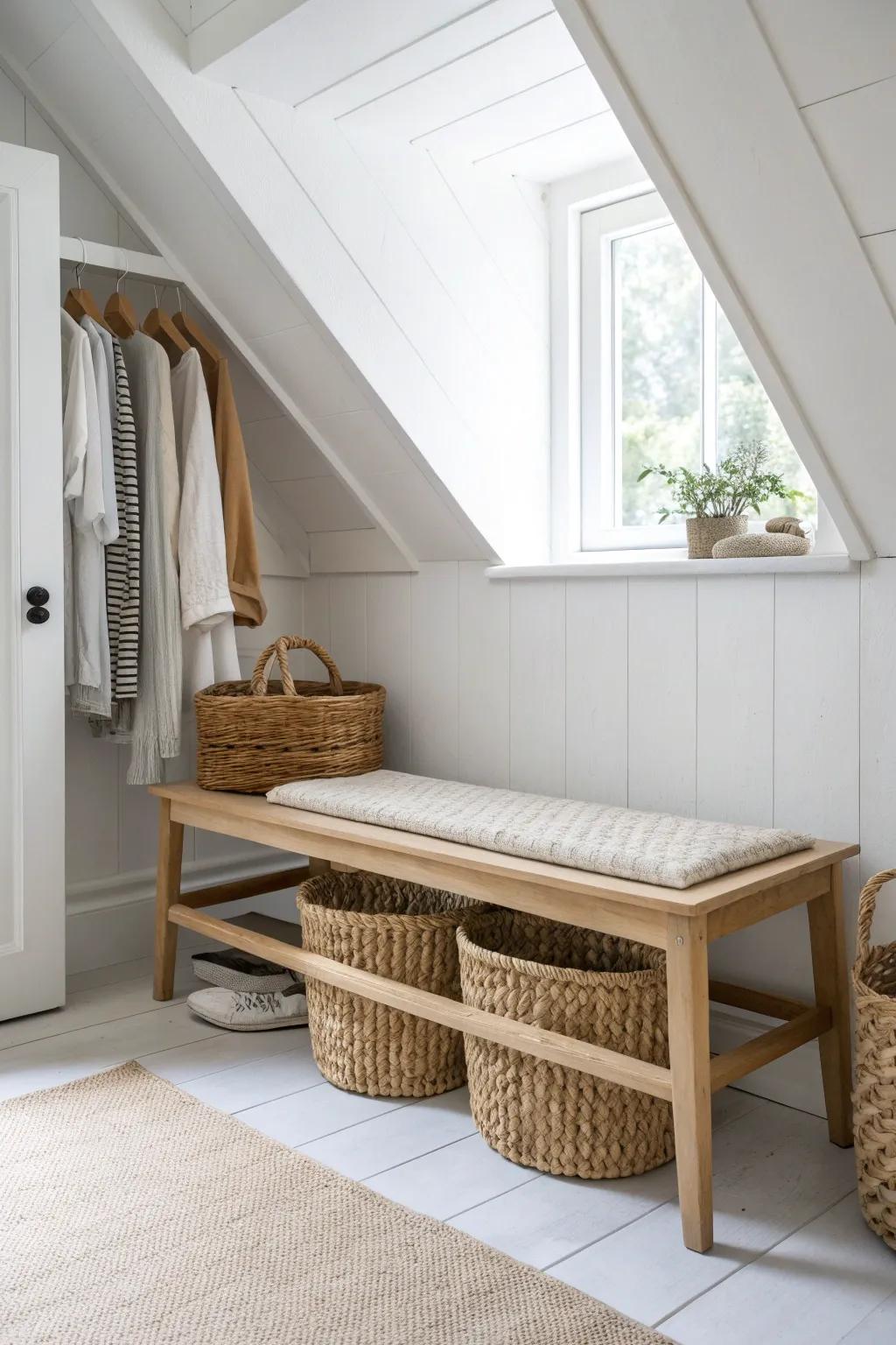 A slim bench adds mini walk-in vibes to a sloped-ceiling closet—hide baskets underneath.