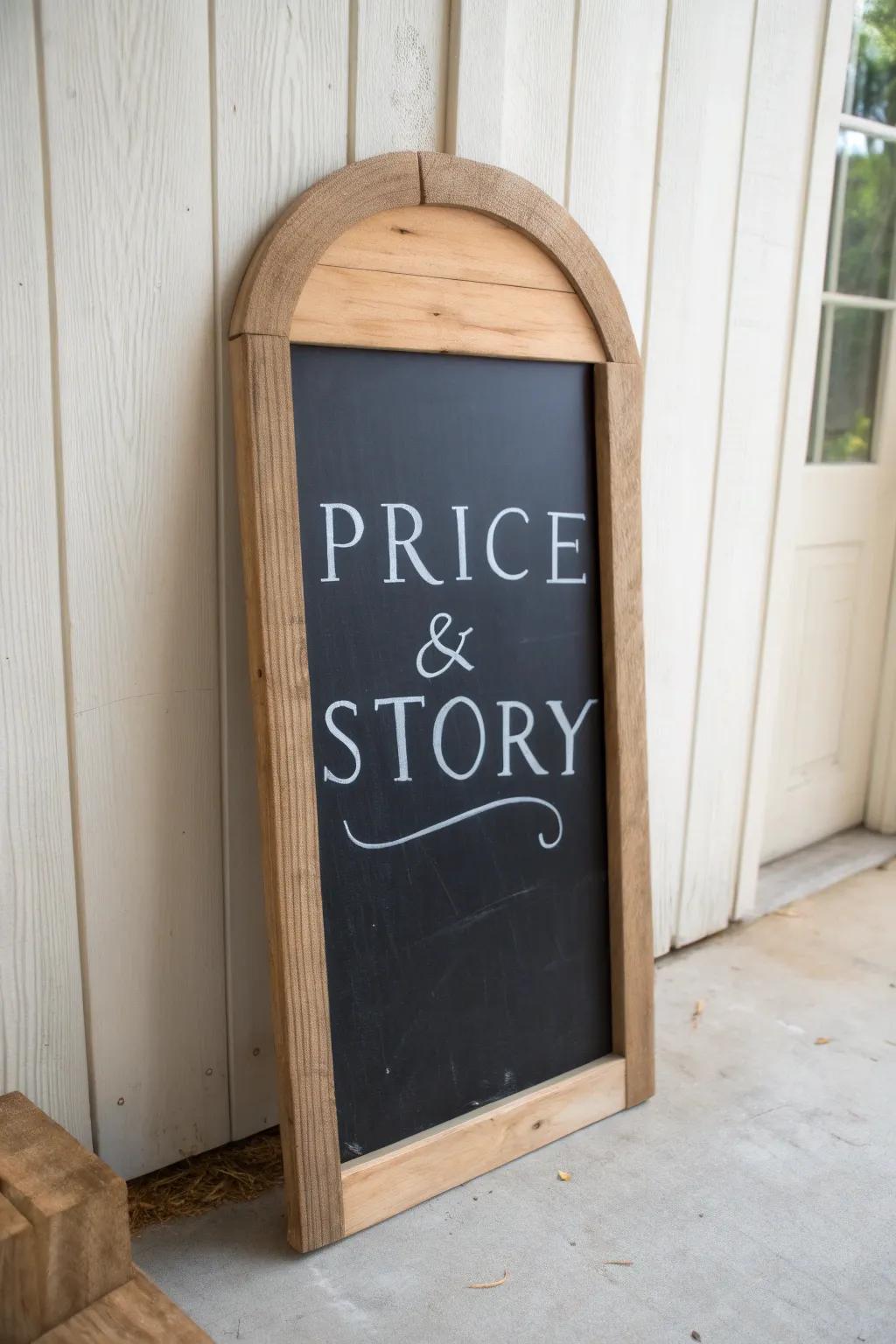 A vintage chalkboard sign that shares prices and stories—beautiful, tidy, and booth-friendly.