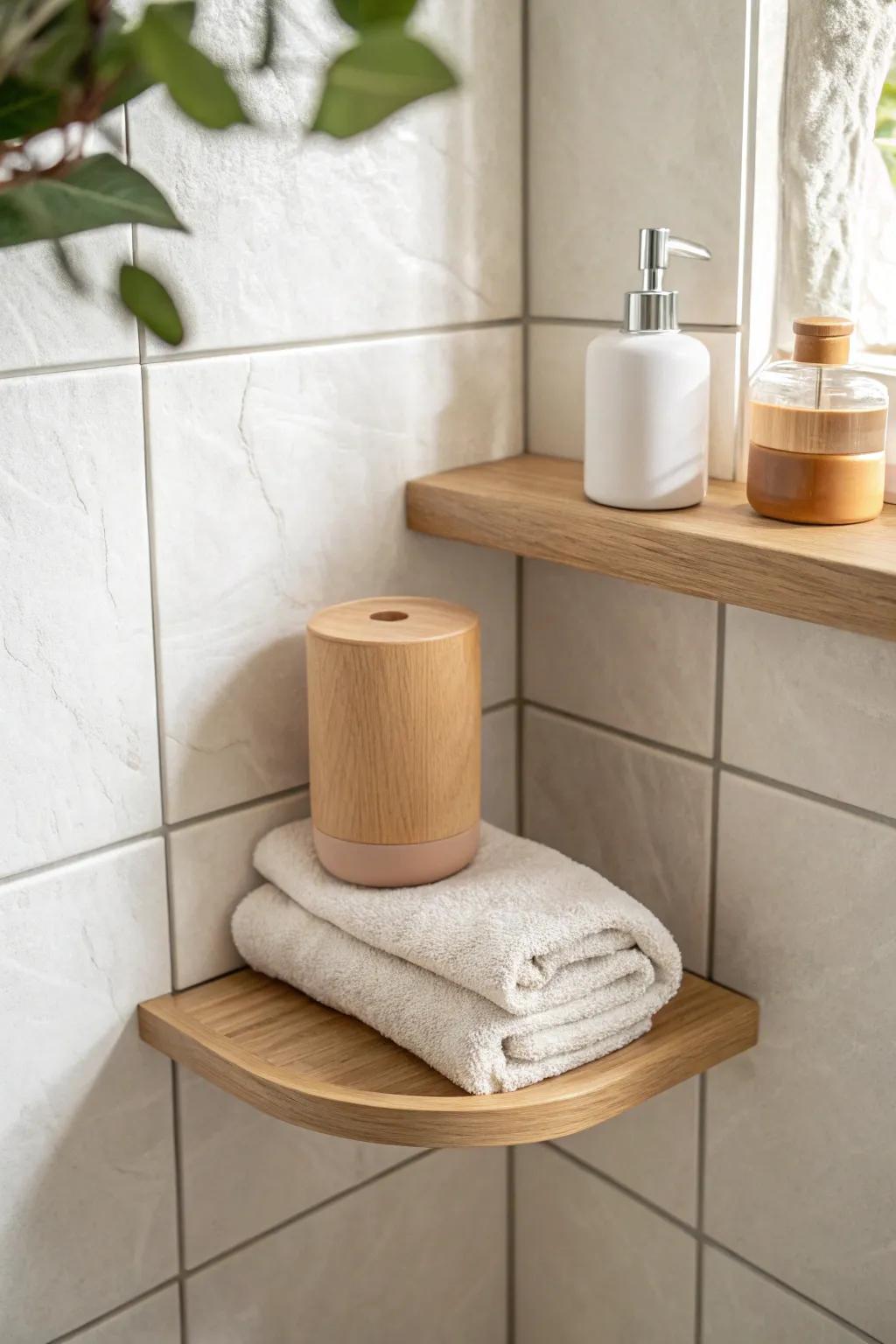 Turn dead corners into a mini spa moment with a warm oak shelf and simple, pretty storage.