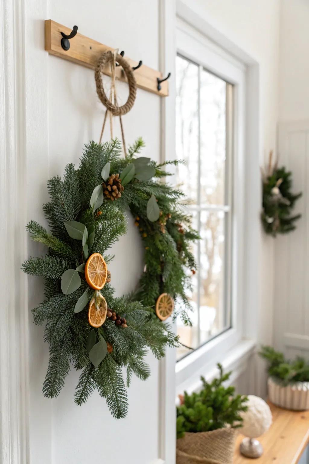 A slim eucalyptus wreath keeps a tiny entry festive—without stealing your drop zone.