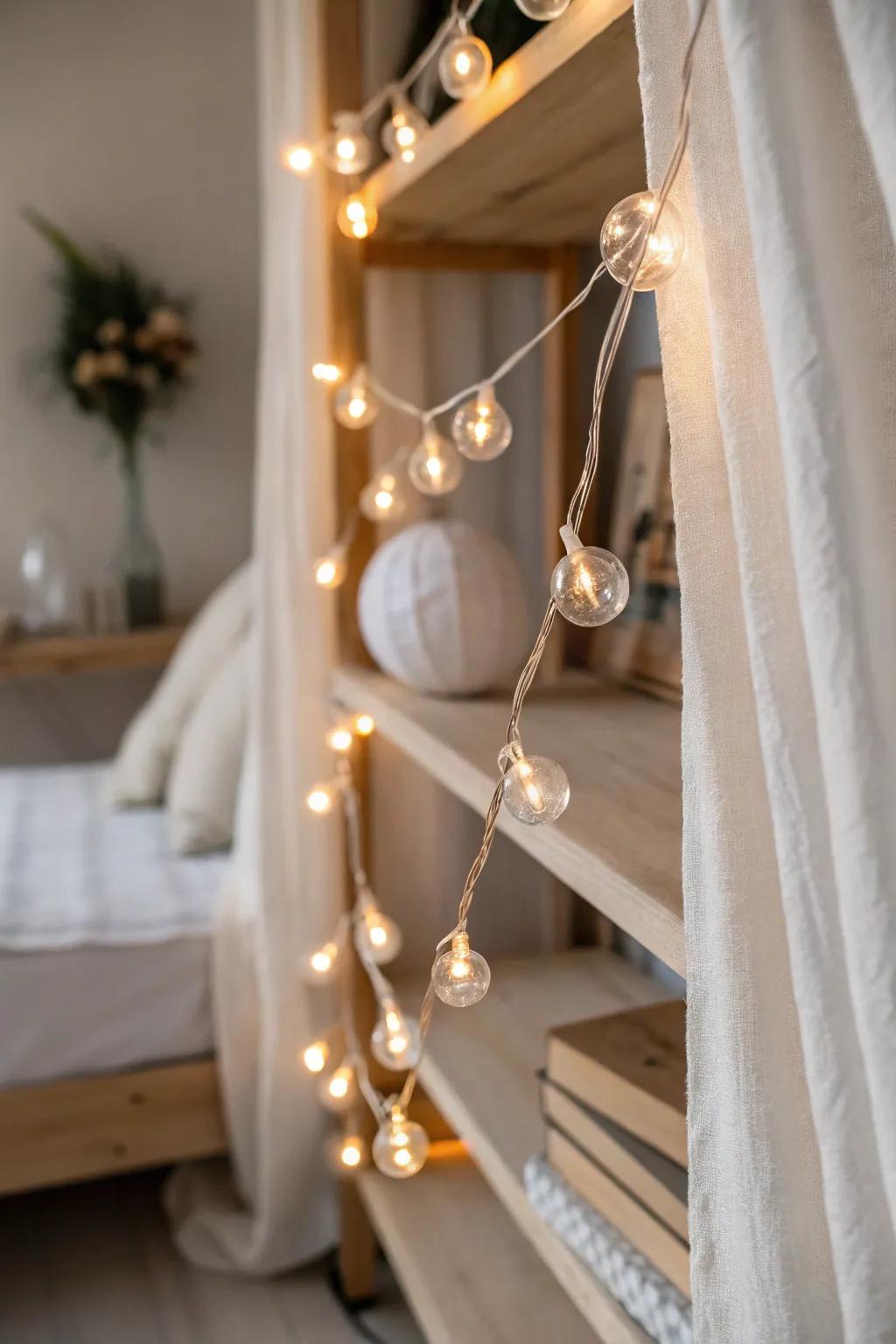 Warm string lights softly outline a cozy nook—instant glow that makes a small apartment feel serene.